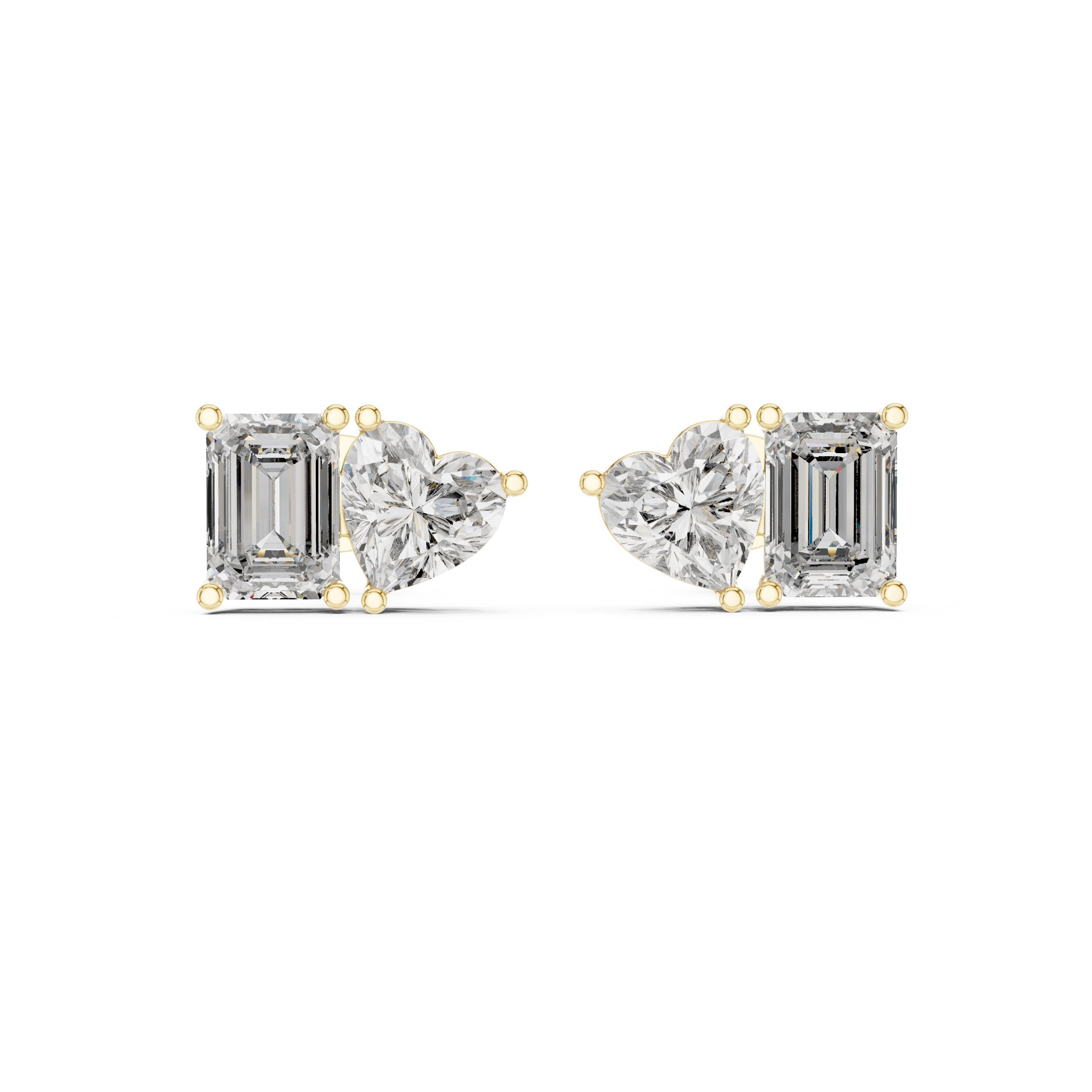 Emerald Heart Toi et Moi Stud Earrings in Yellow Gold - VYKA Diamonds