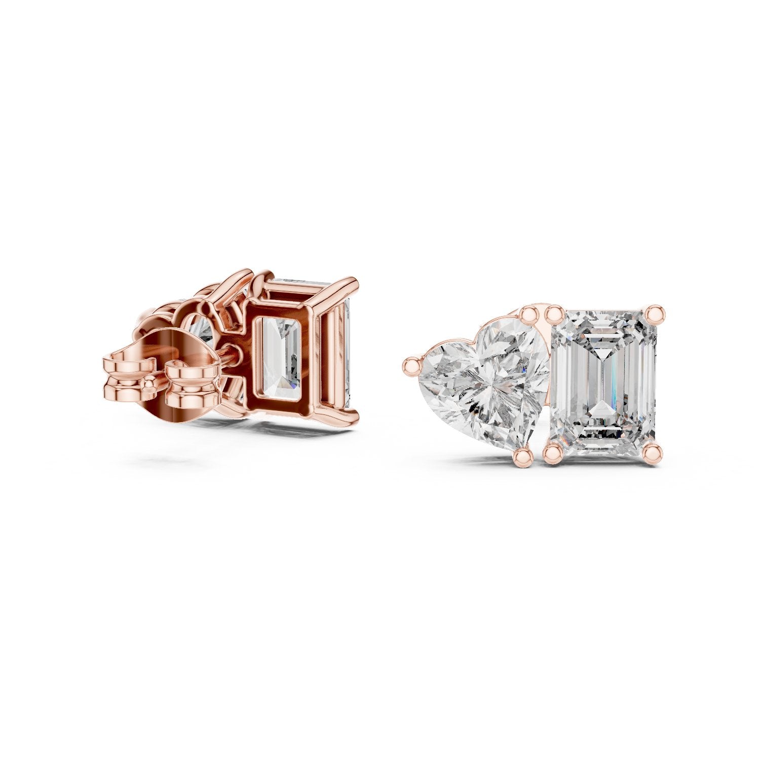Emerald Heart Toi et Moi Stud Earrings in Rose Gold - VYKA Diamonds