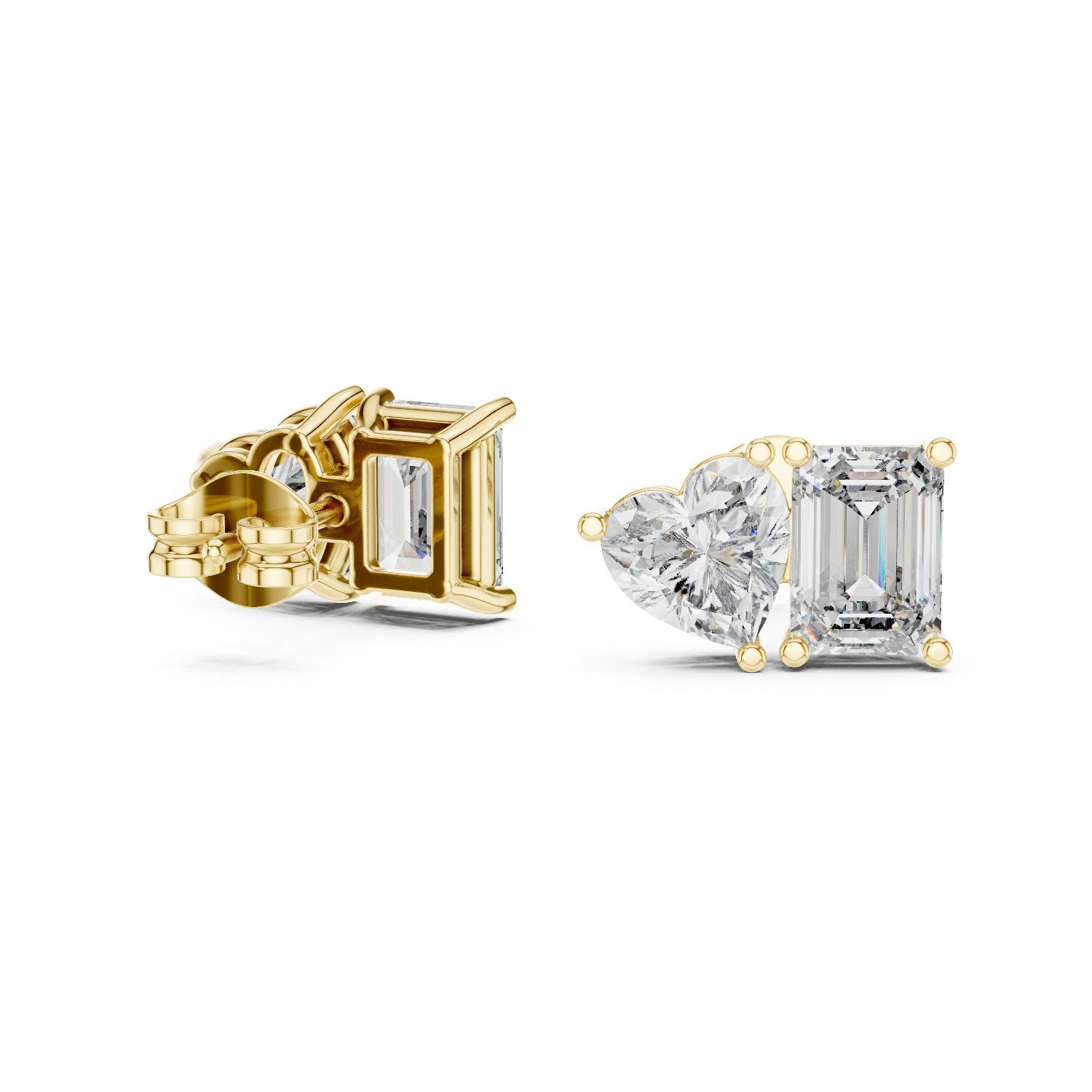 Emerald Heart Toi et Moi Stud Earrings in Yellow Gold - VYKA Diamonds