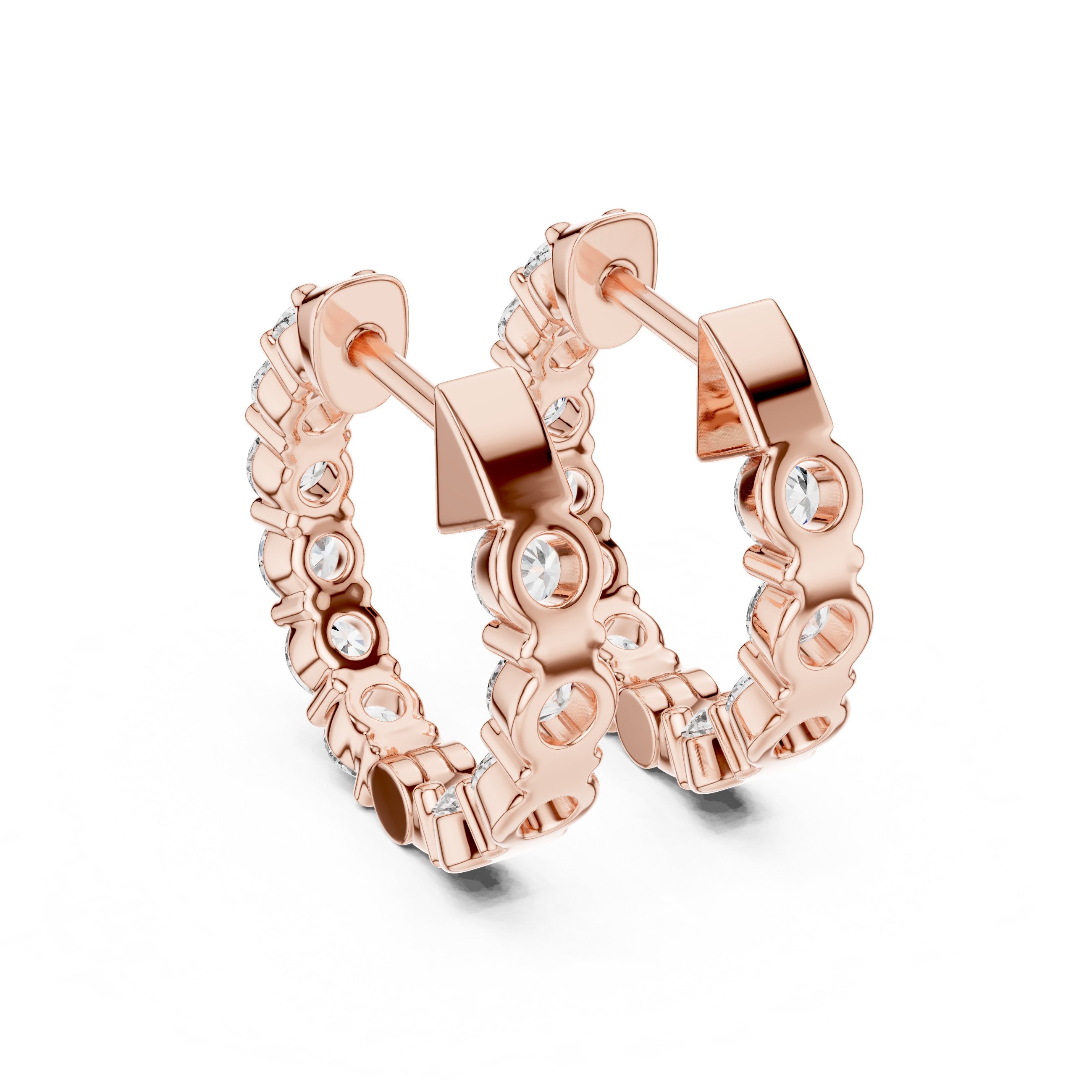 Shared Prong Diamond Huggie Earrings in Rose Gold - VYKA Diamonds