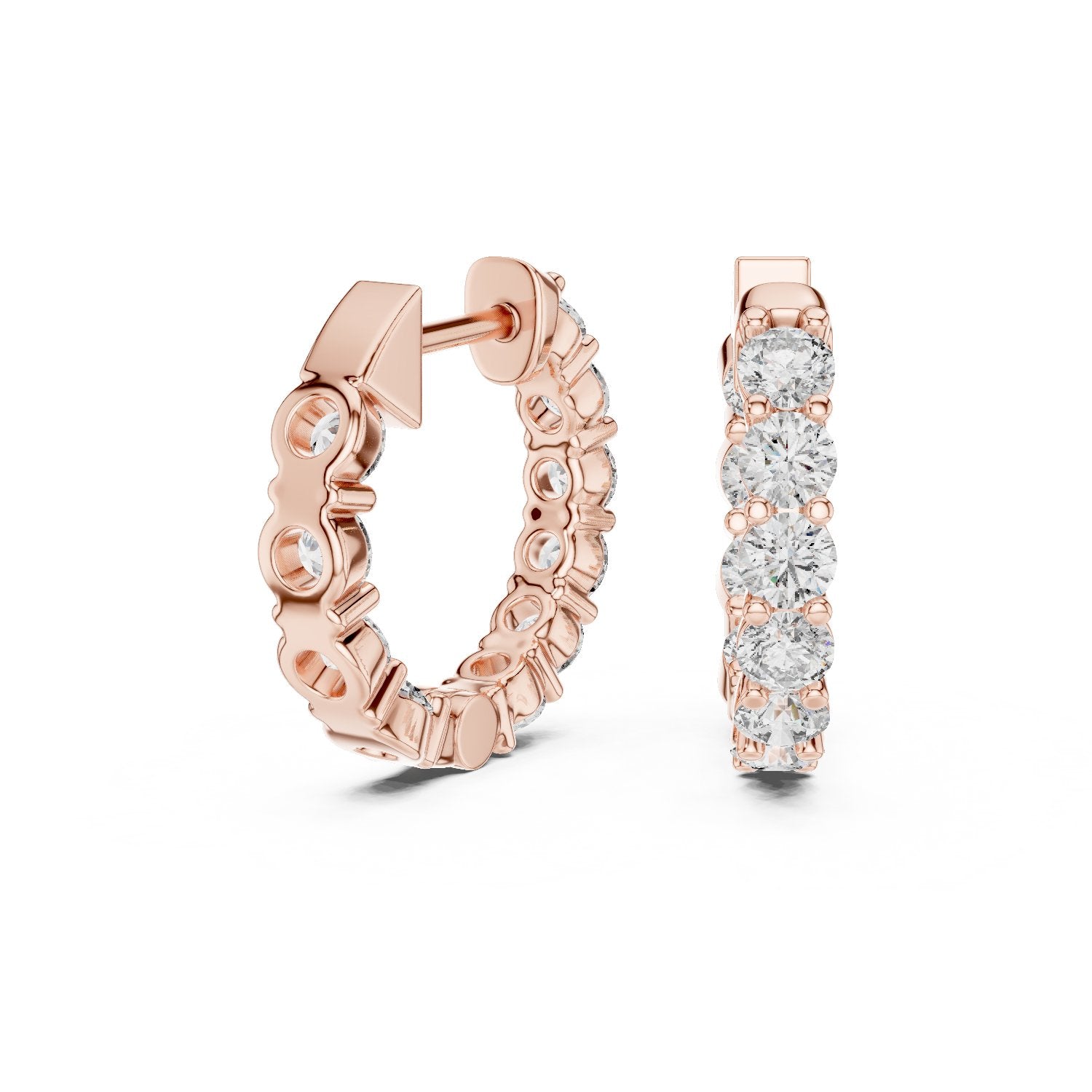Shared Prong Diamond Huggie Earrings in Rose Gold - VYKA Diamonds