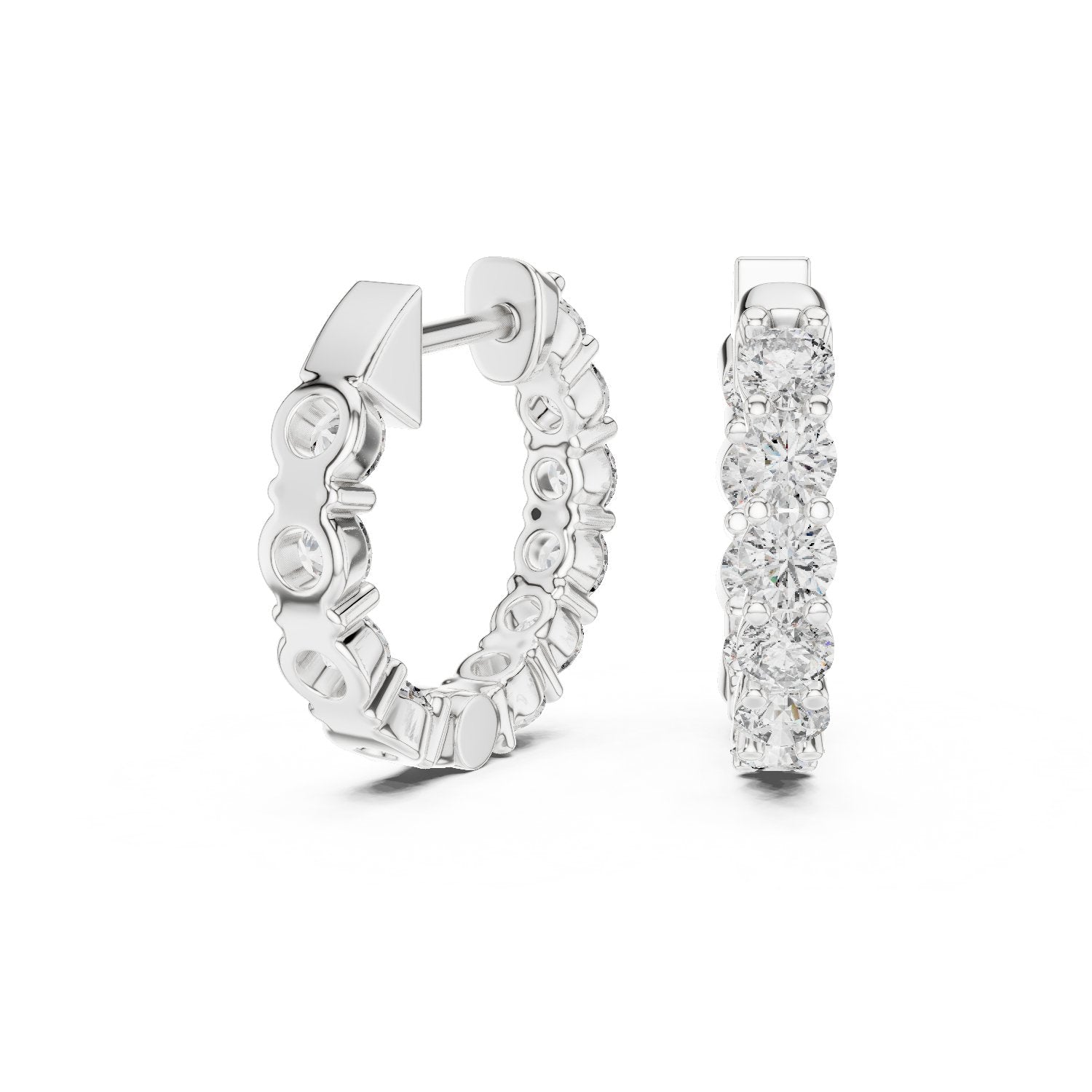 Shared Prong Diamond Huggie Earrings in White Gold - VYKA Diamonds