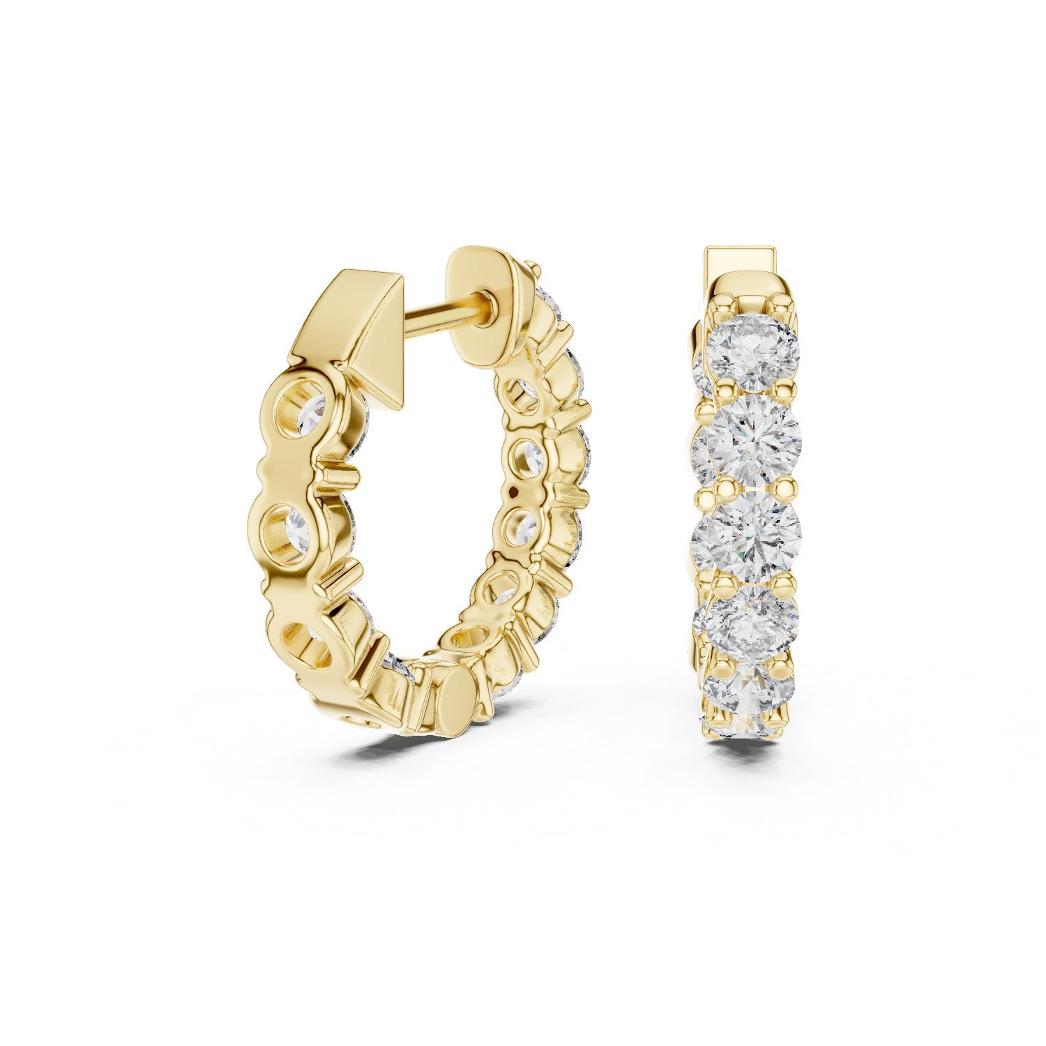 Shared Prong Diamond Huggie Earrings in Yellow Gold - VYKA Diamonds