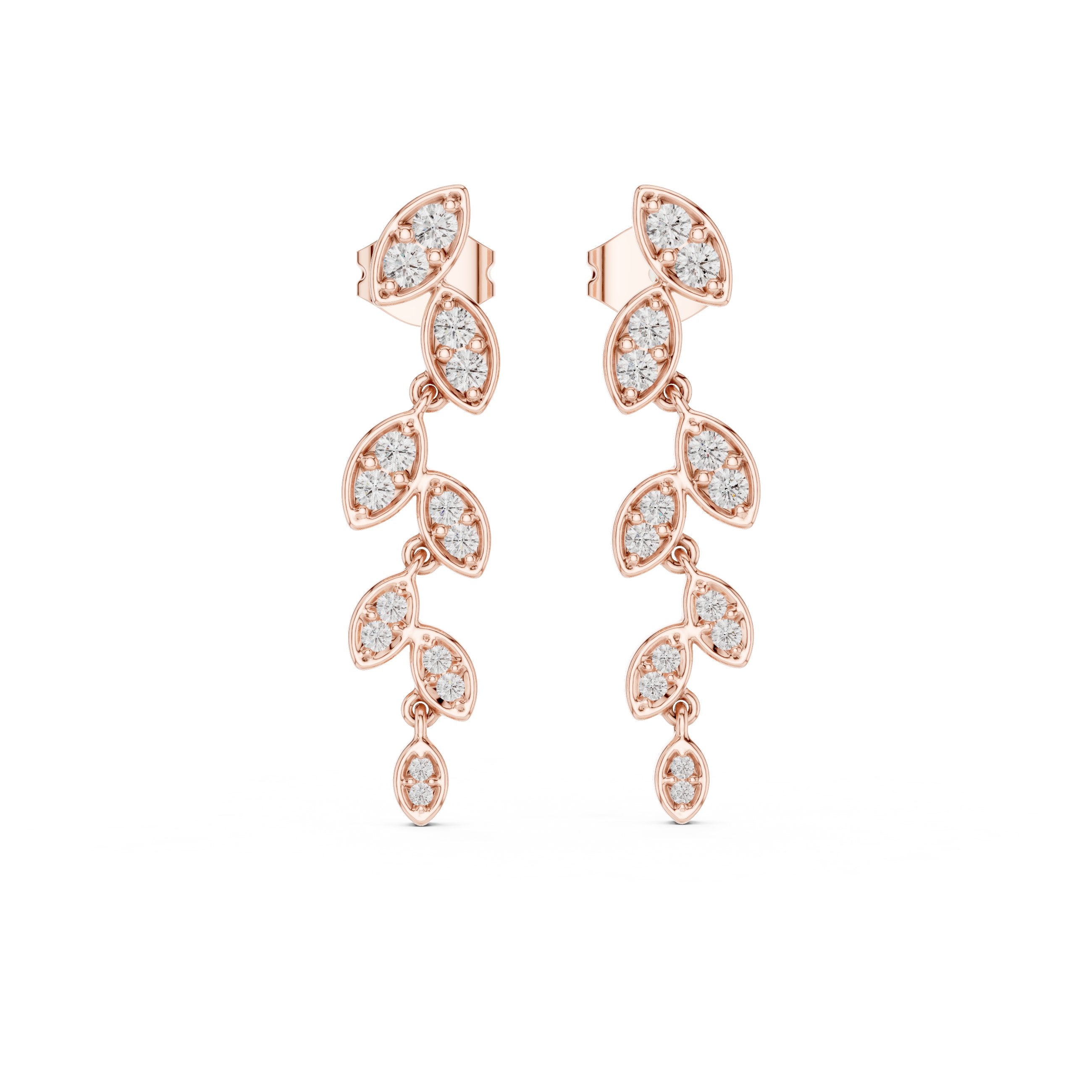 Cascading Leaf Diamond Drop Earrings in Rose Gold - VYKA Diamonds