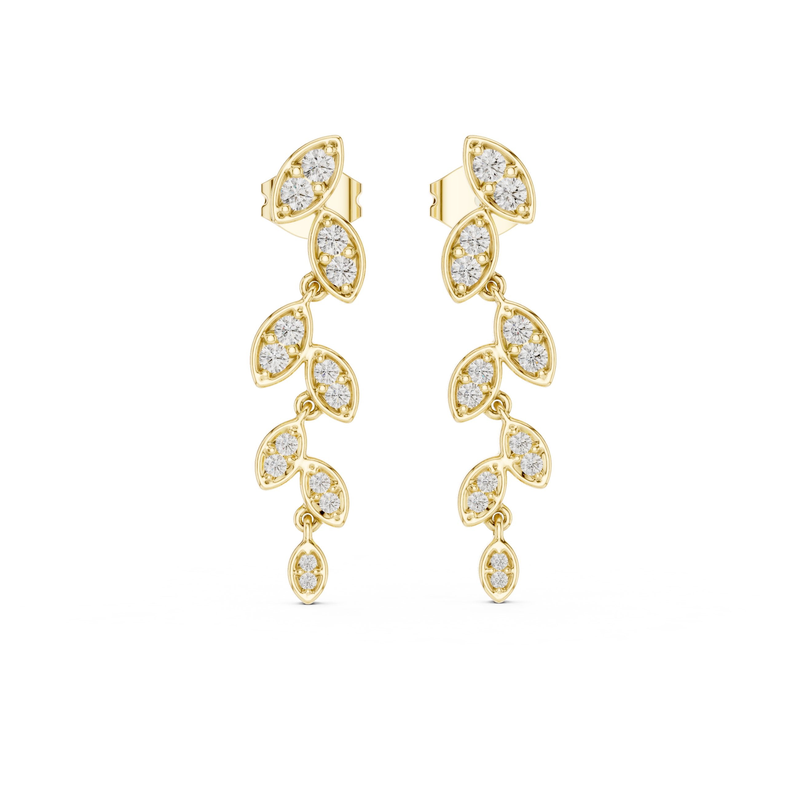 Cascading Leaf Diamond Drop Earrings in Yellow Gold - VYKA Diamonds