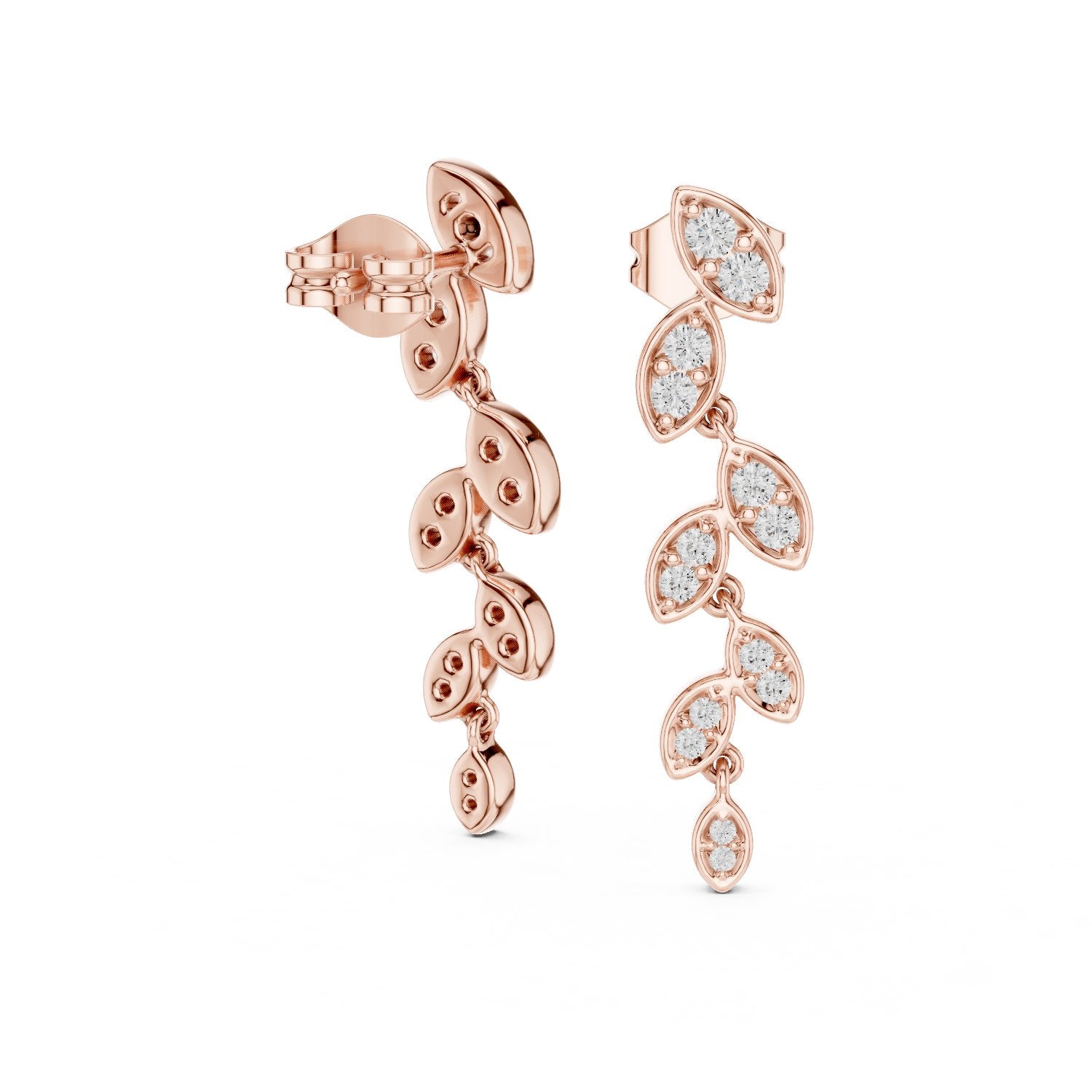 Cascading Leaf Diamond Drop Earrings in Rose Gold - VYKA Diamonds