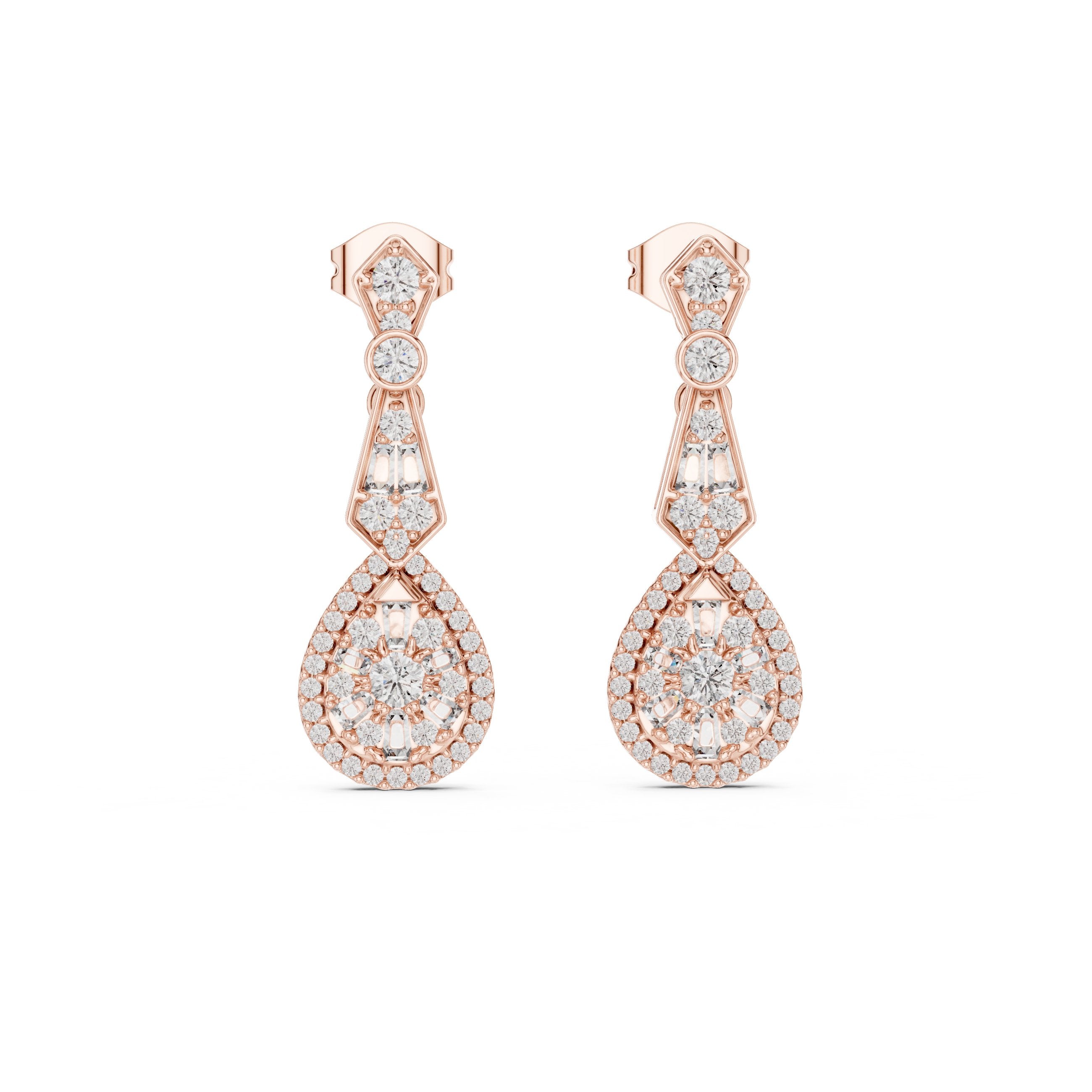 Art Deco Pear Halo Drop Earrings in Rose Gold - VYKA Diamonds
