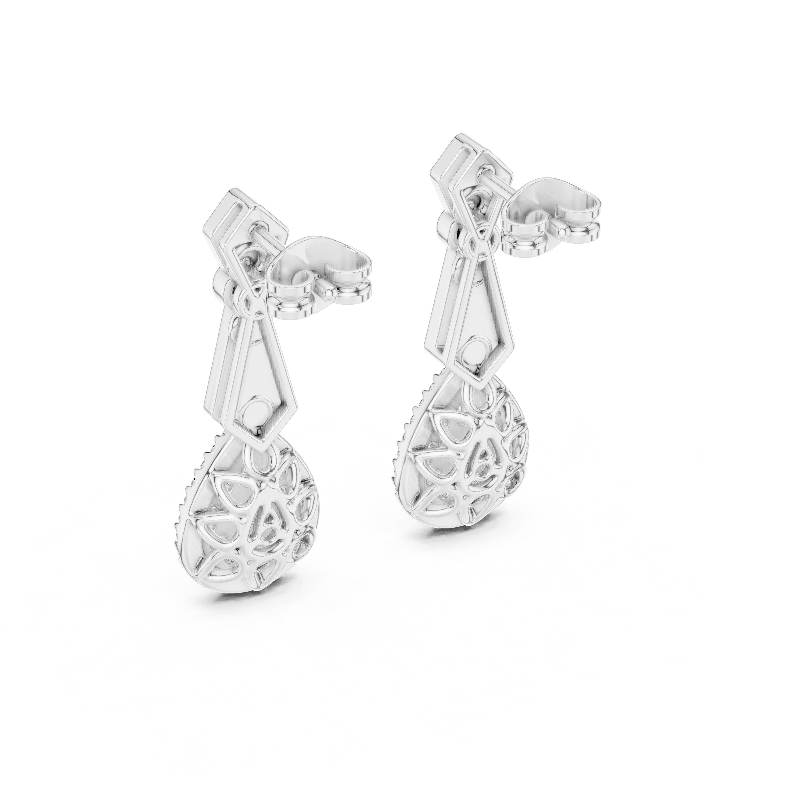 Art Deco Pear Halo Drop Earrings in White Gold - VYKA Diamonds