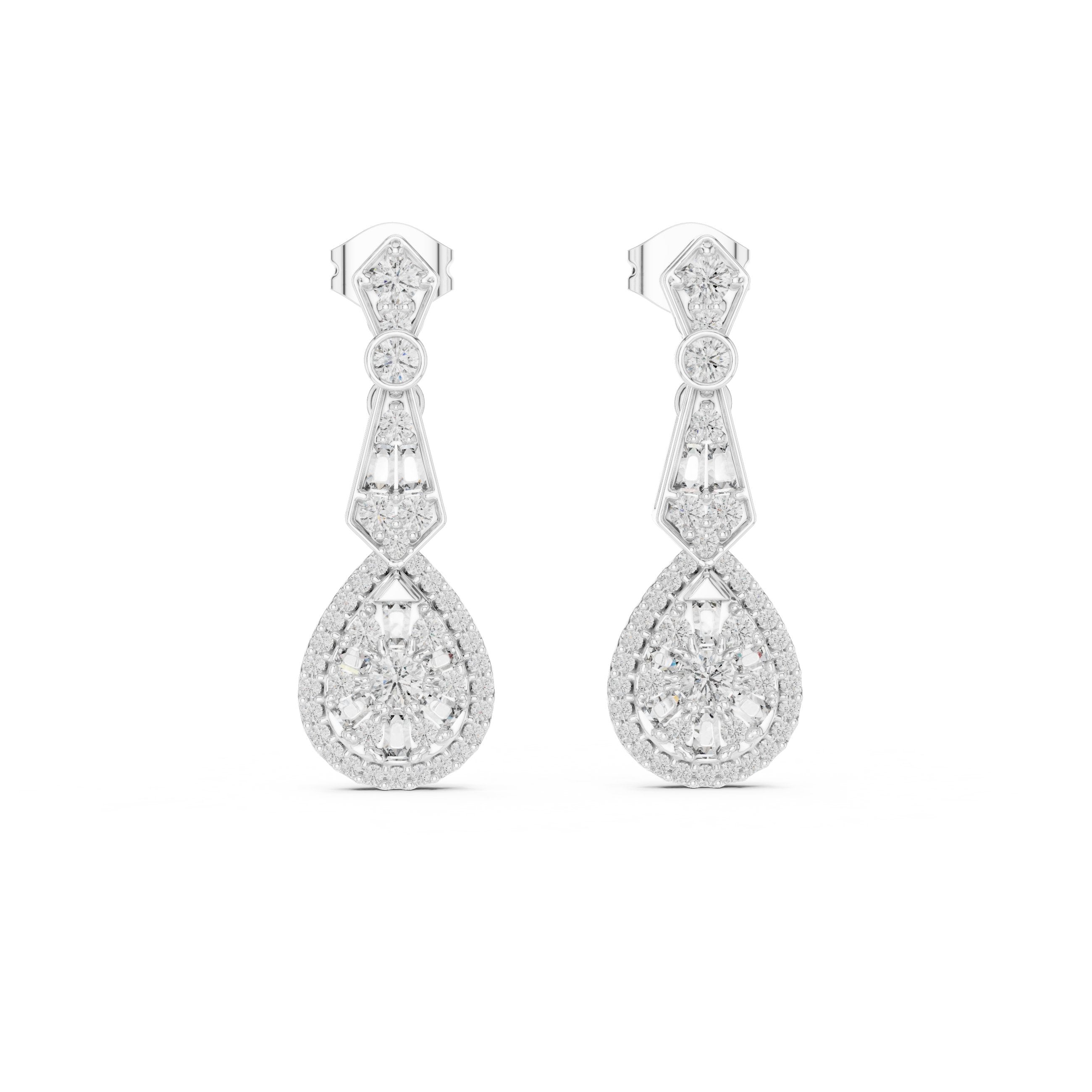 Art Deco Pear Halo Drop Earrings in White Gold - VYKA Diamonds