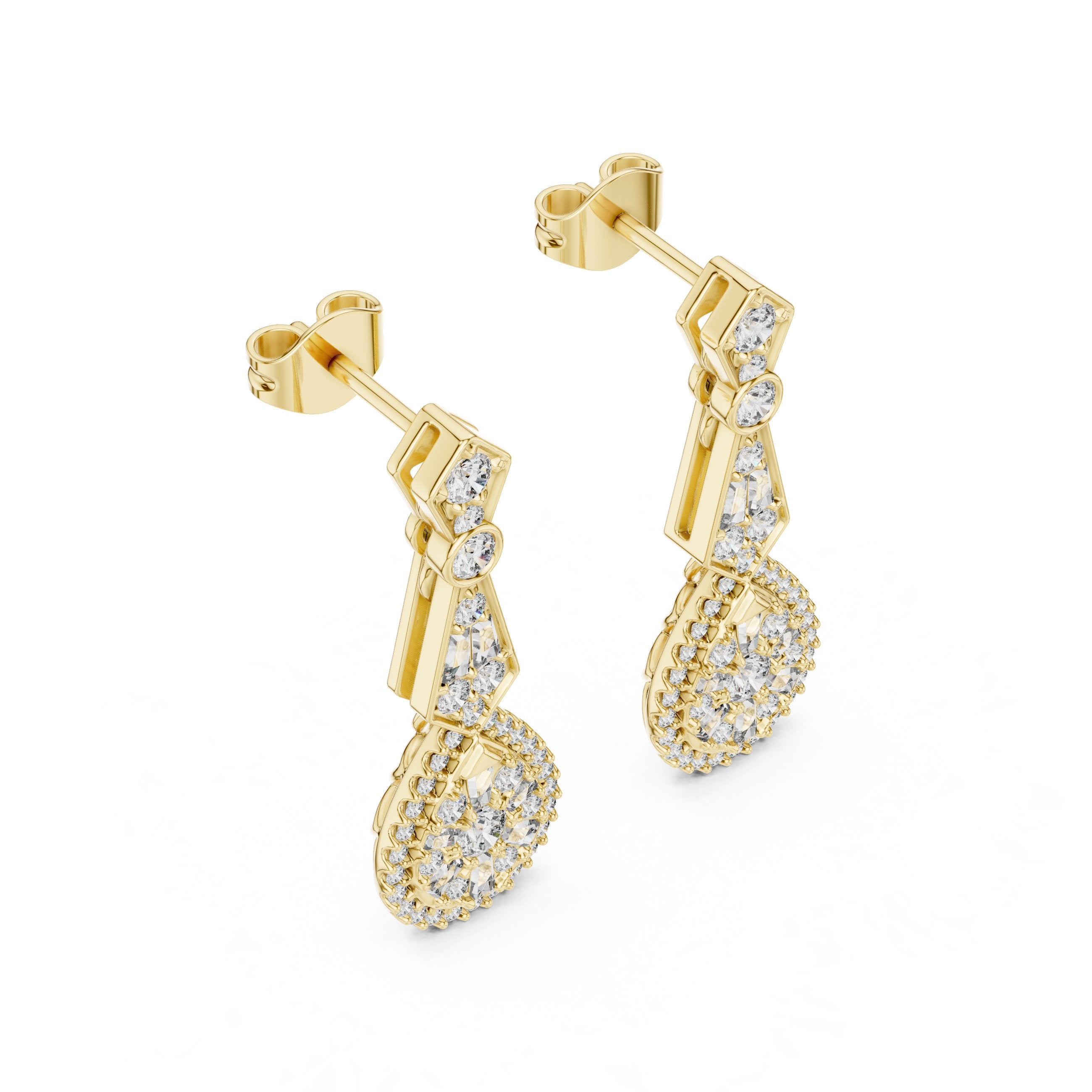 Art Deco Pear Halo Drop Earrings in Yellow Gold - VYKA Diamonds