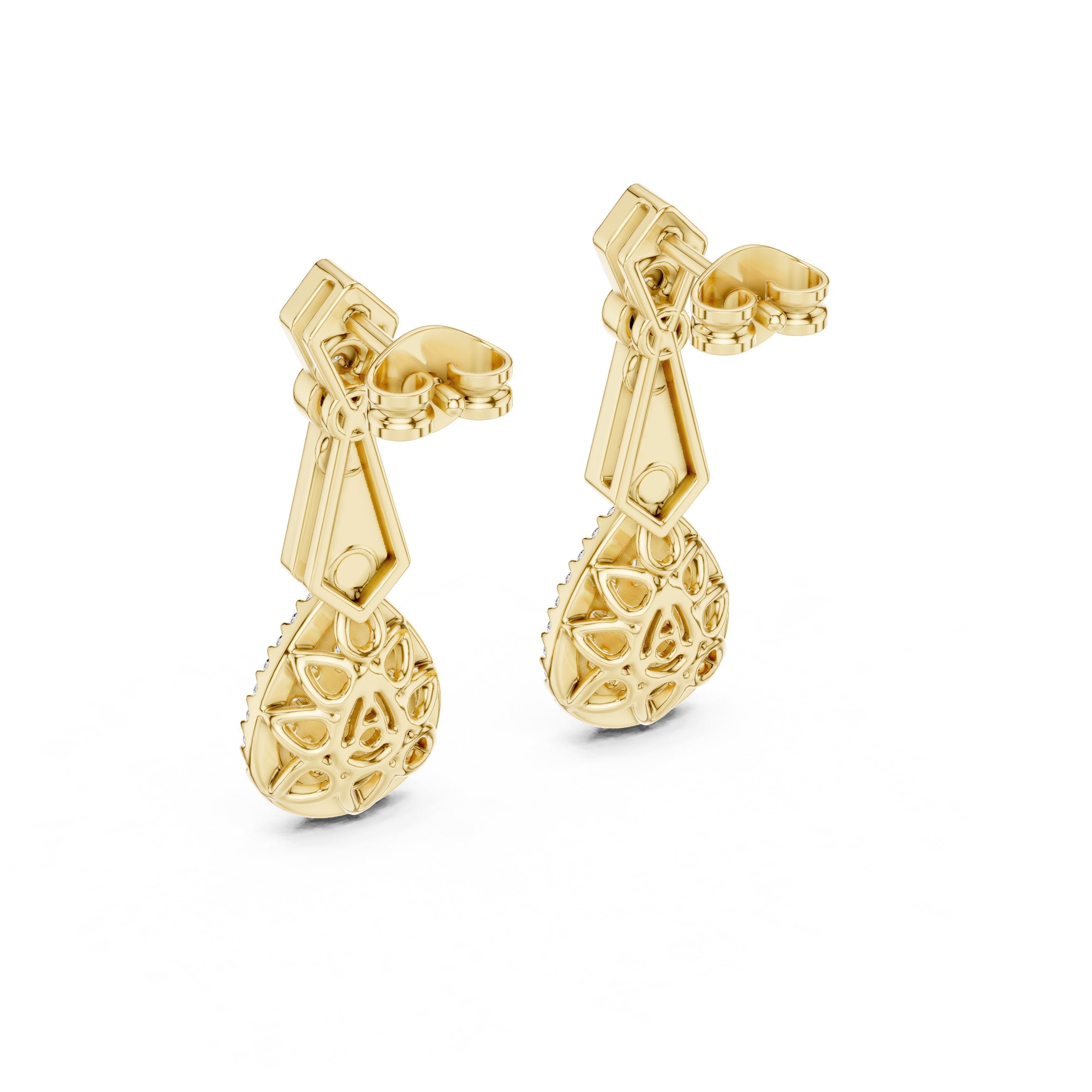 Art Deco Pear Halo Drop Earrings in Yellow Gold - VYKA Diamonds