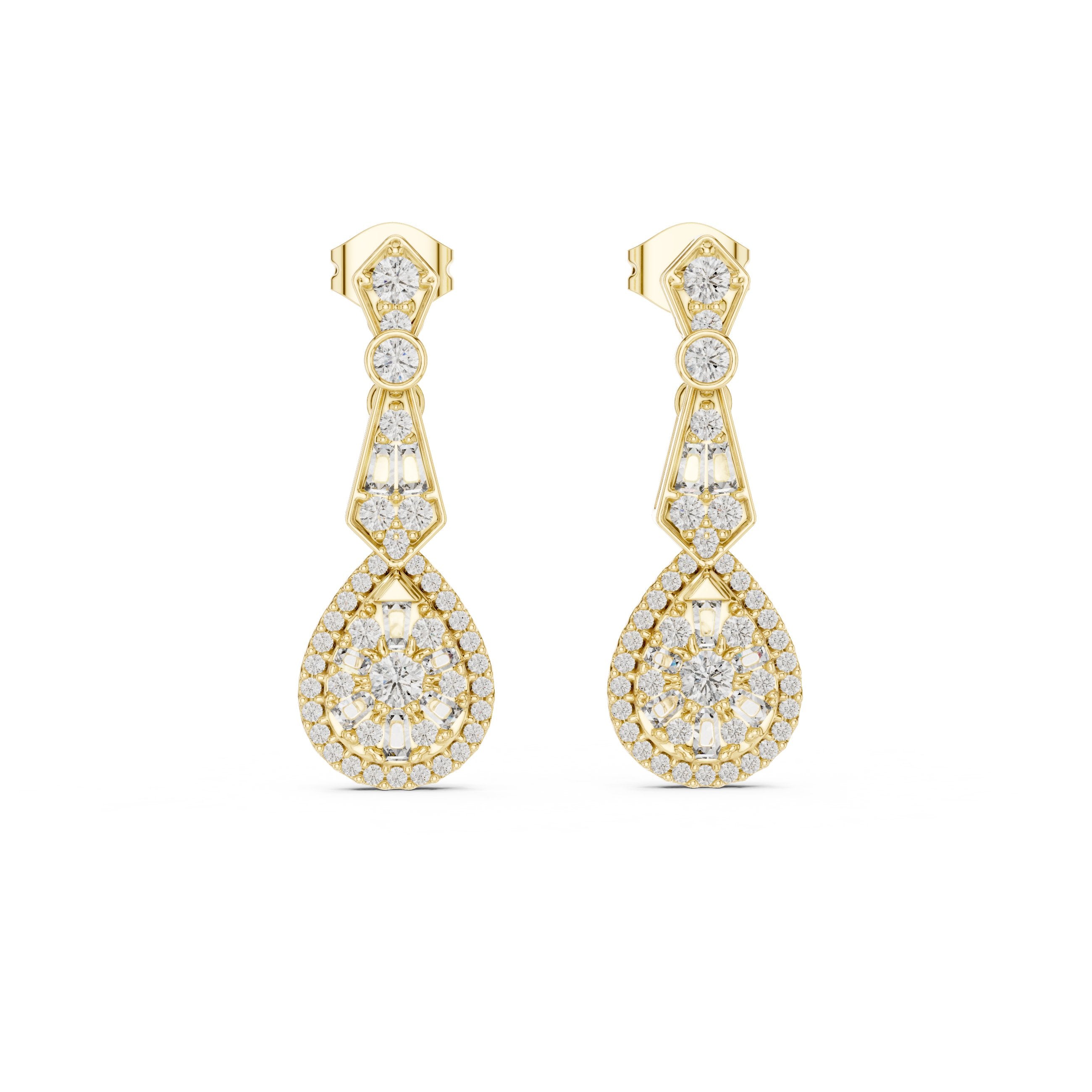 Art Deco Pear Halo Drop Earrings in Yellow Gold - VYKA Diamonds