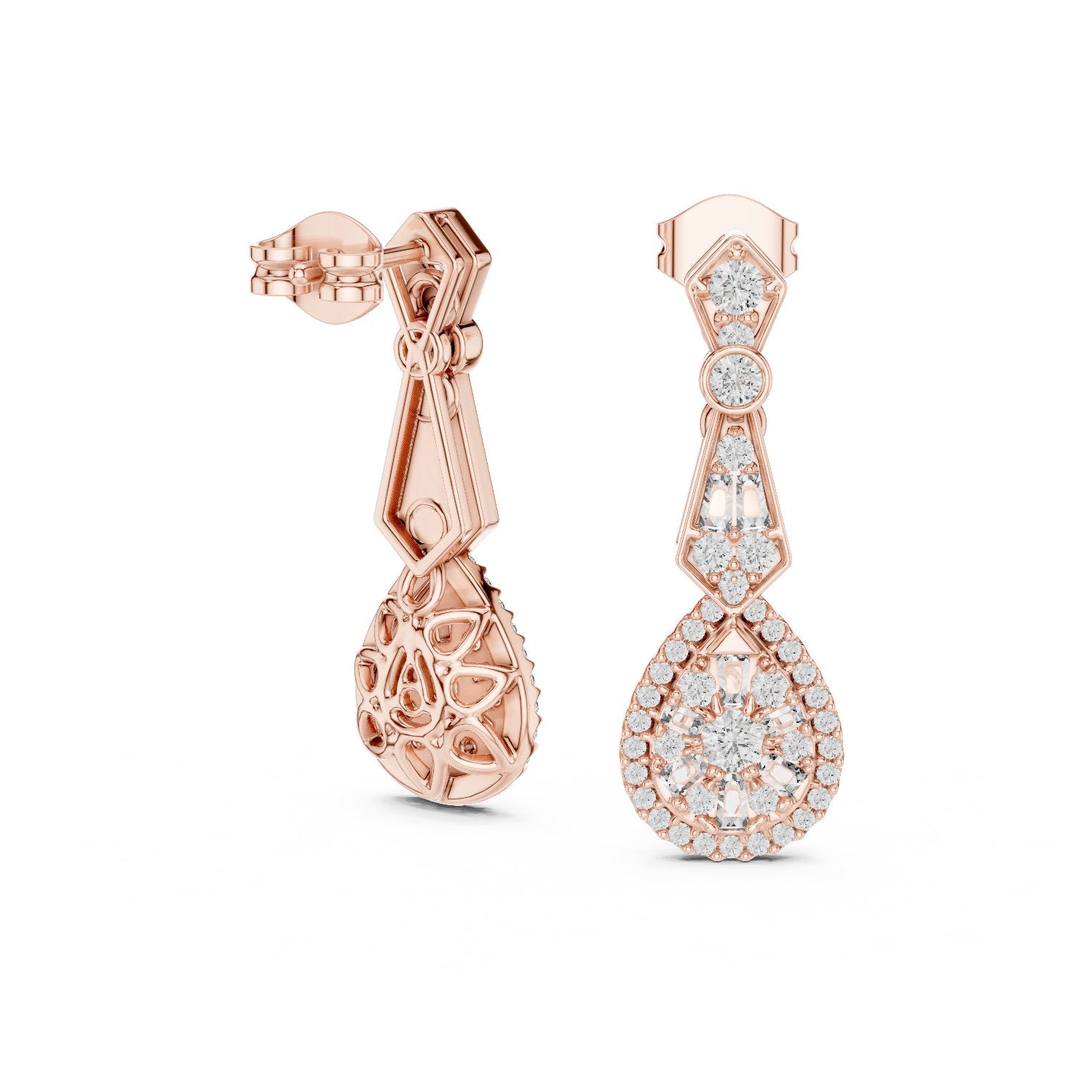 Art Deco Pear Halo Drop Earrings in Rose Gold - VYKA Diamonds