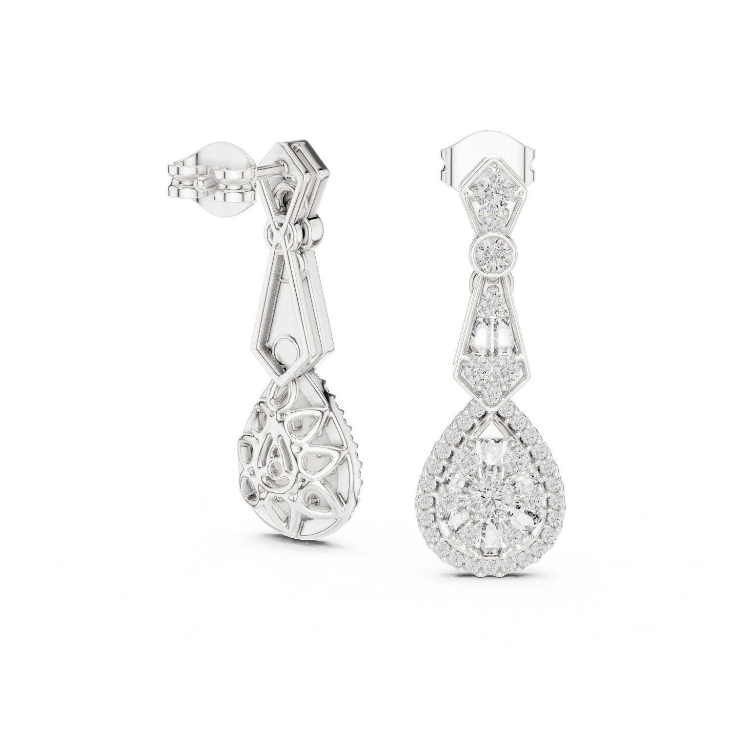 Art Deco Pear Halo Drop Earrings in White Gold - VYKA Diamonds