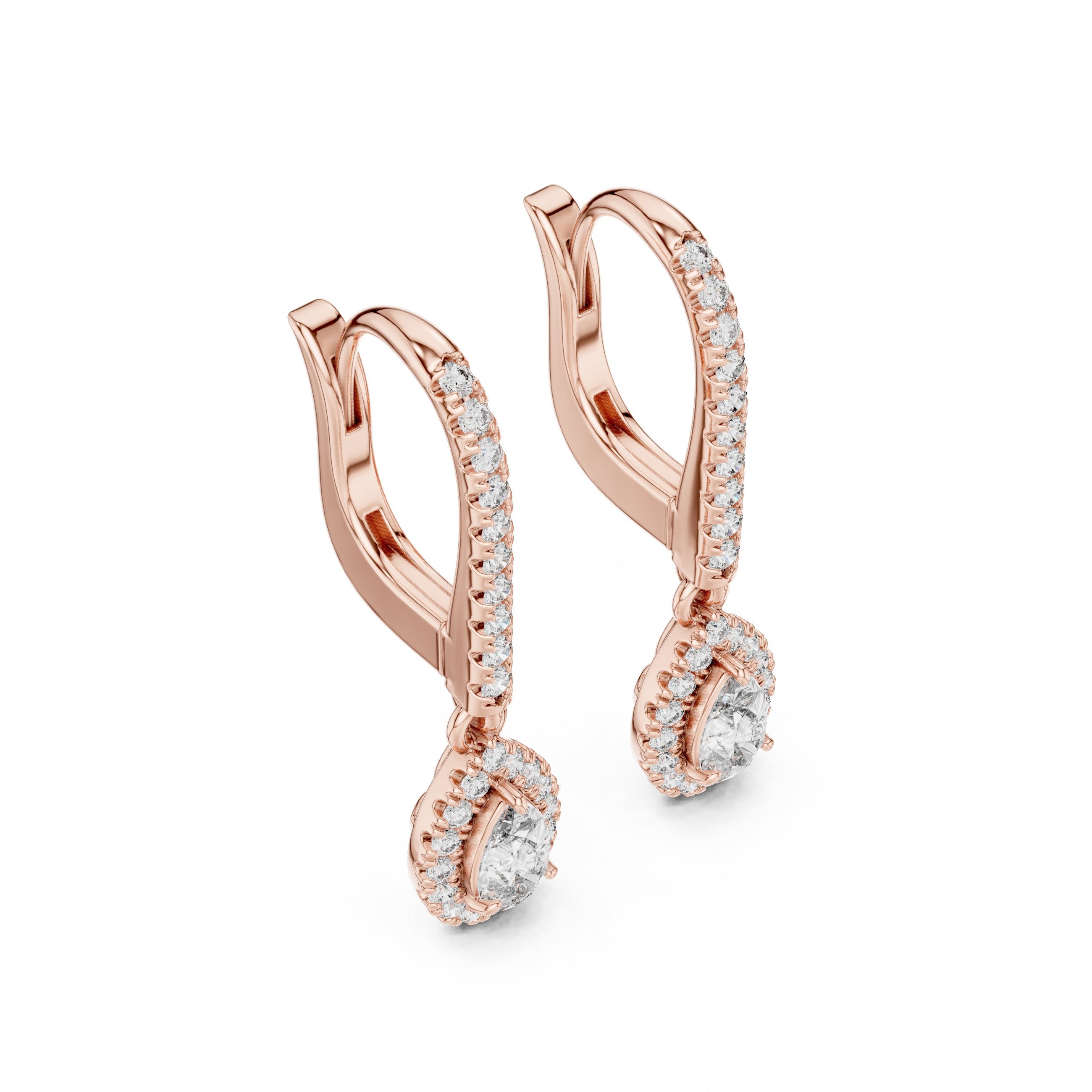 Pear Halo Pave Drop Earrings in Rose Gold - VYKA Diamonds