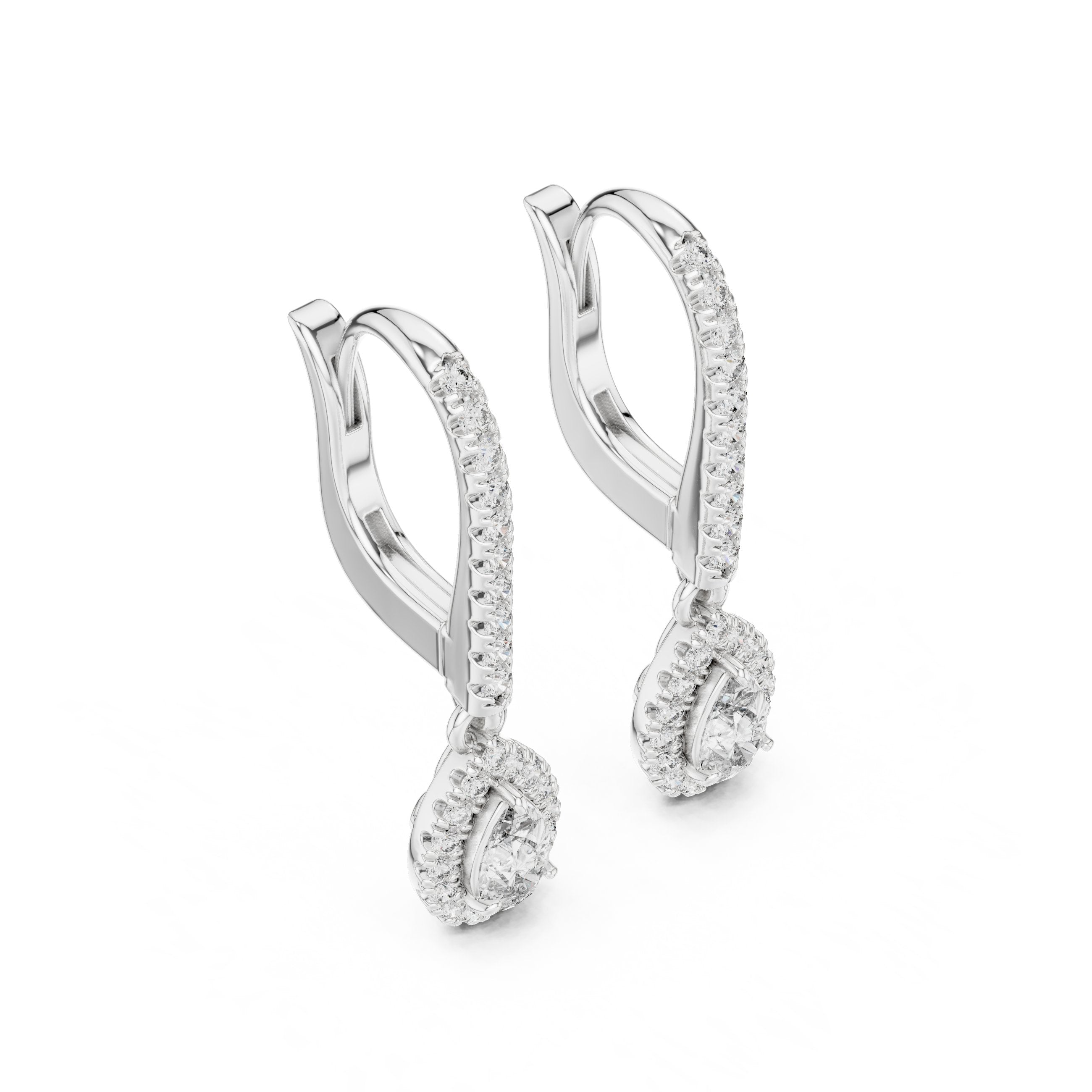 Pear Halo Pave Drop Earrings in White Gold - VYKA Diamonds