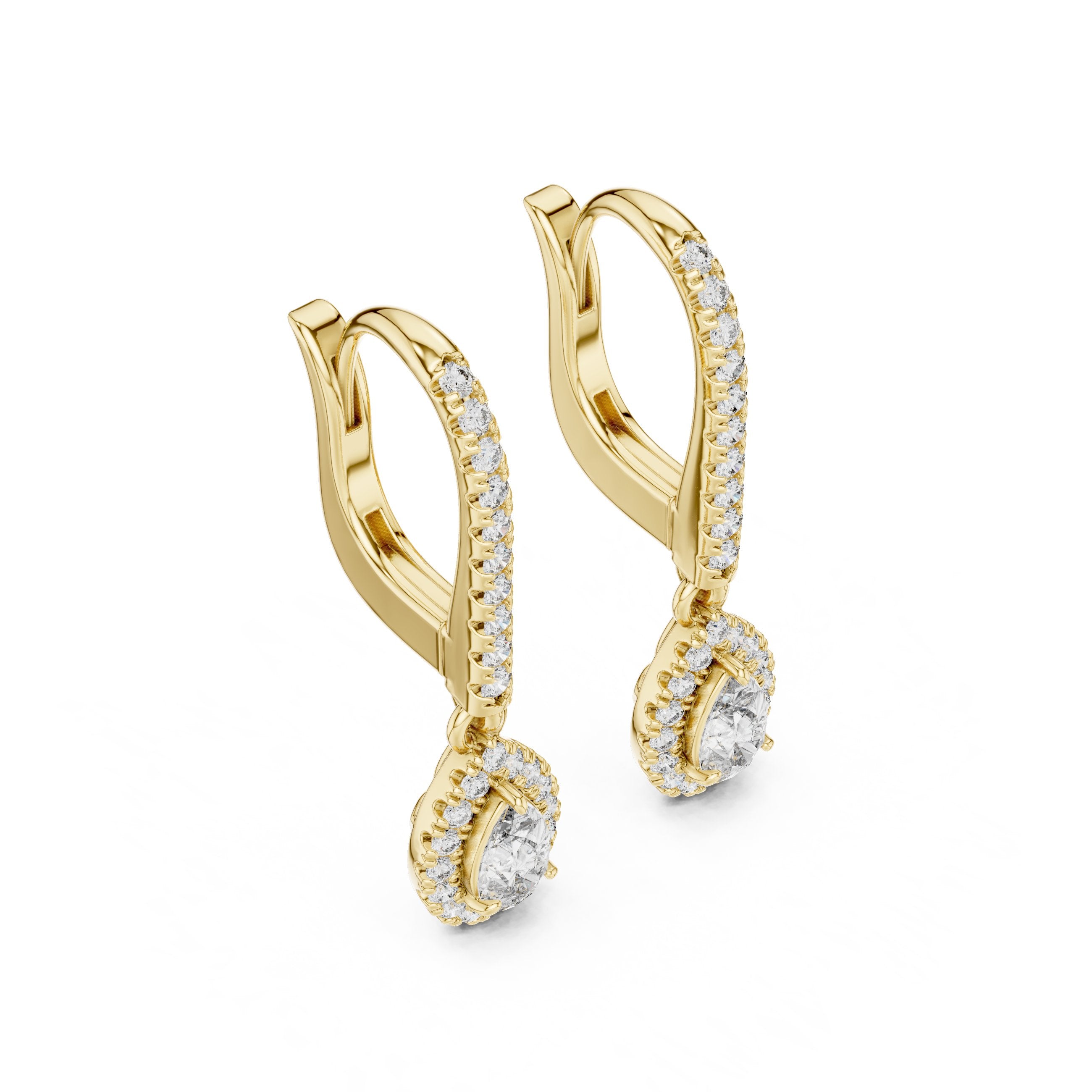Pear Halo Pave Drop Earrings in Yellow Gold - VYKA Diamonds