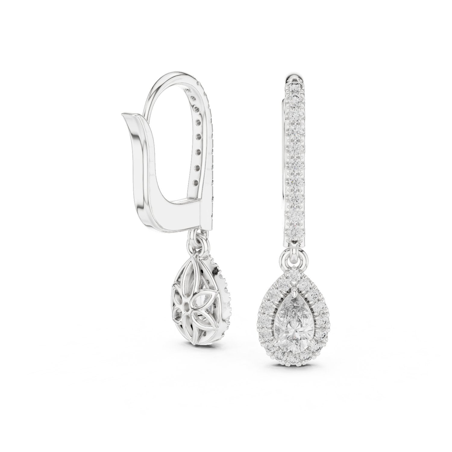 Pear Halo Pave Drop Earrings in White Gold - VYKA Diamonds