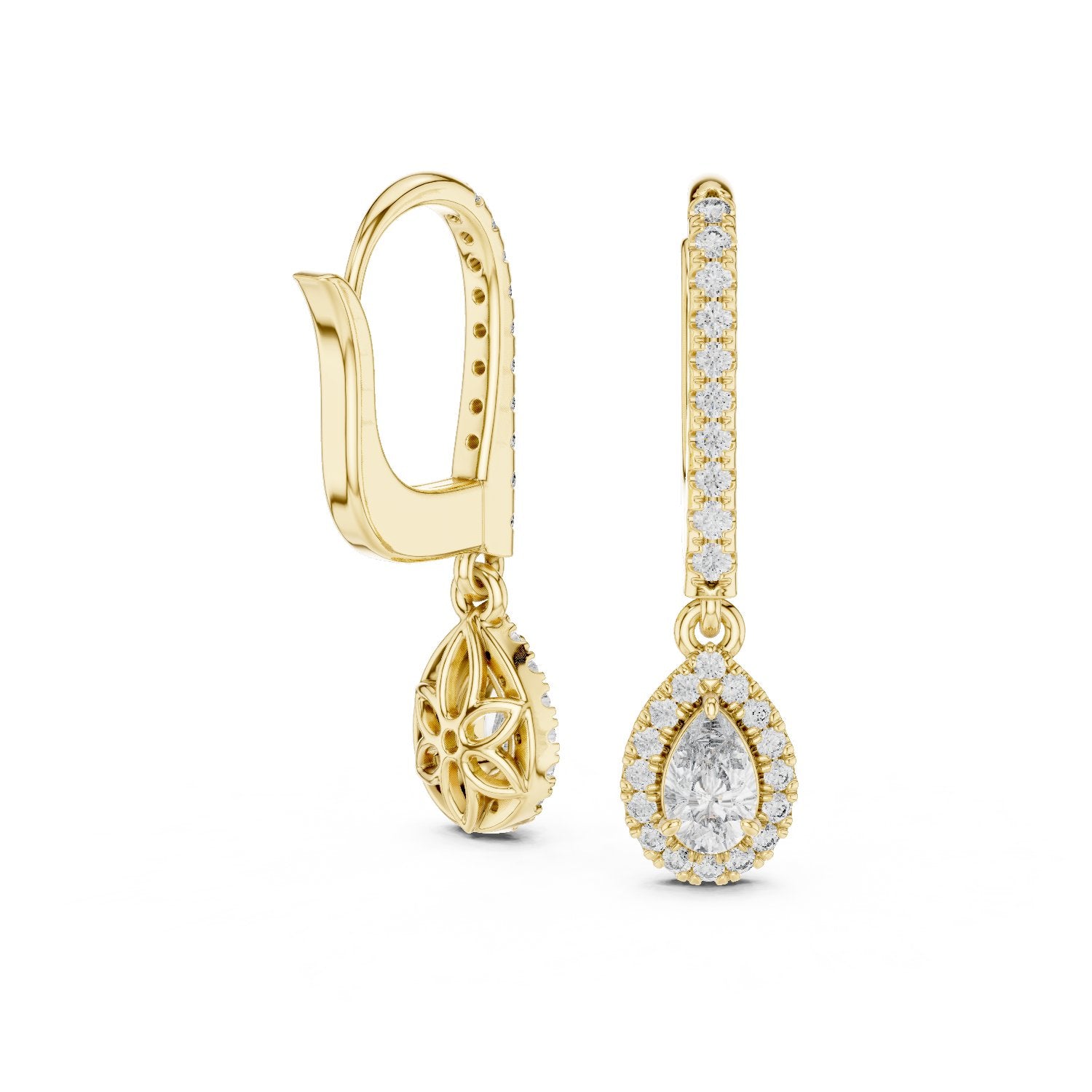 Pear Halo Pave Drop Earrings in Yellow Gold - VYKA Diamonds