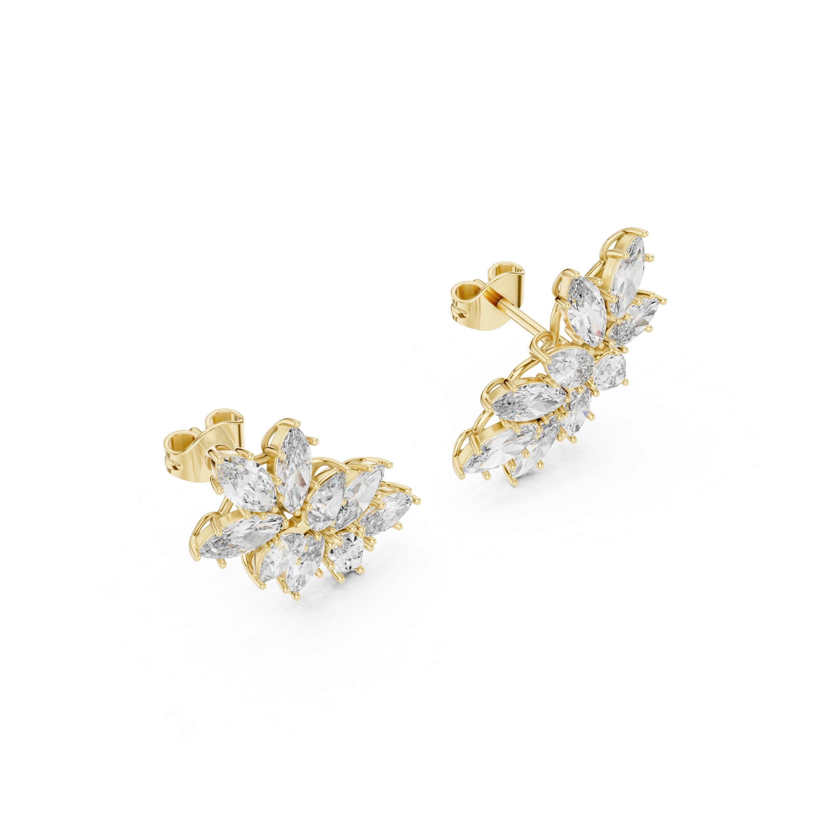 Marquise Cluster Starburst Stud Earrings in Yellow Gold - VYKA Diamonds