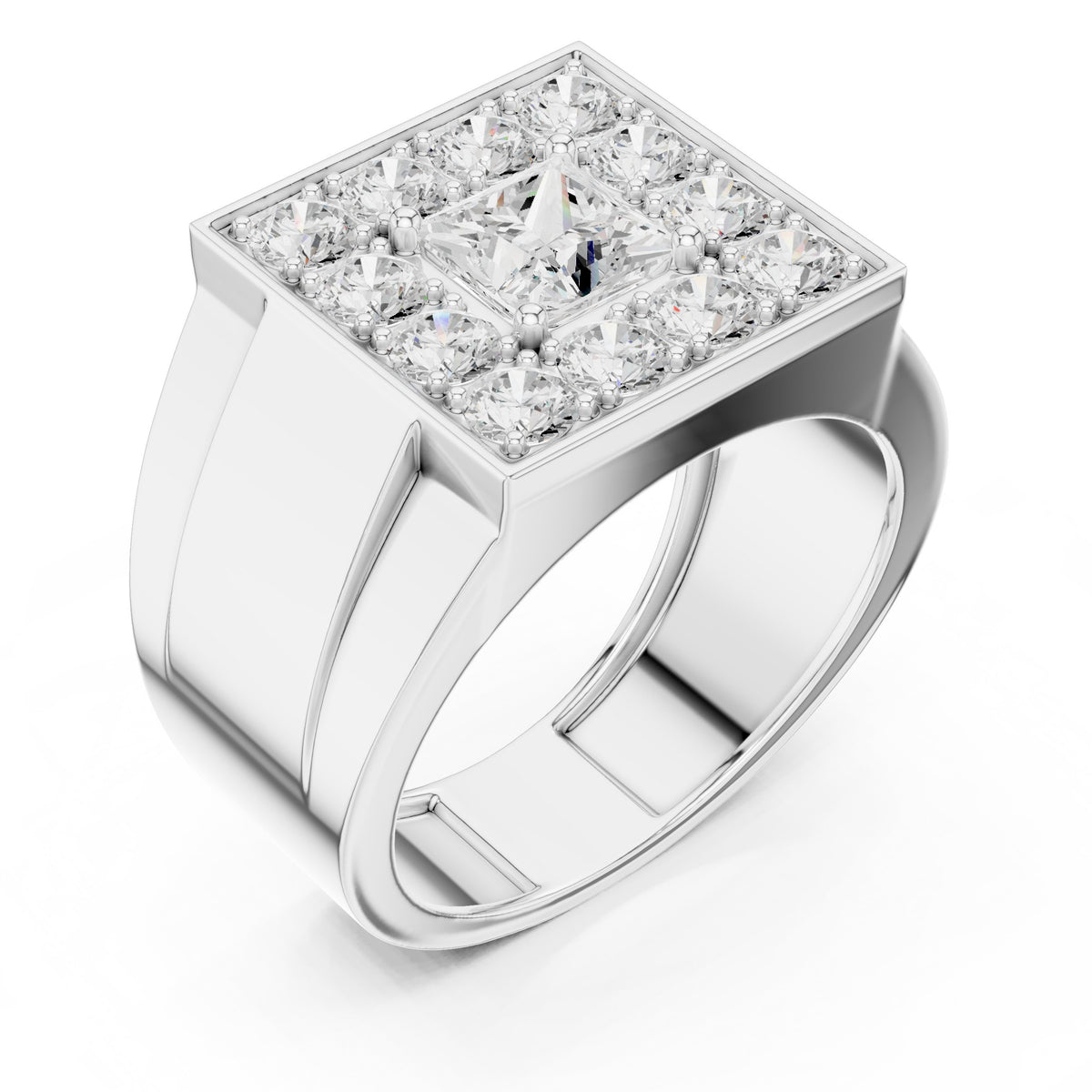 Princess Diamond Square Cluster Men's Ring in White Gold - VYKA Diamonds