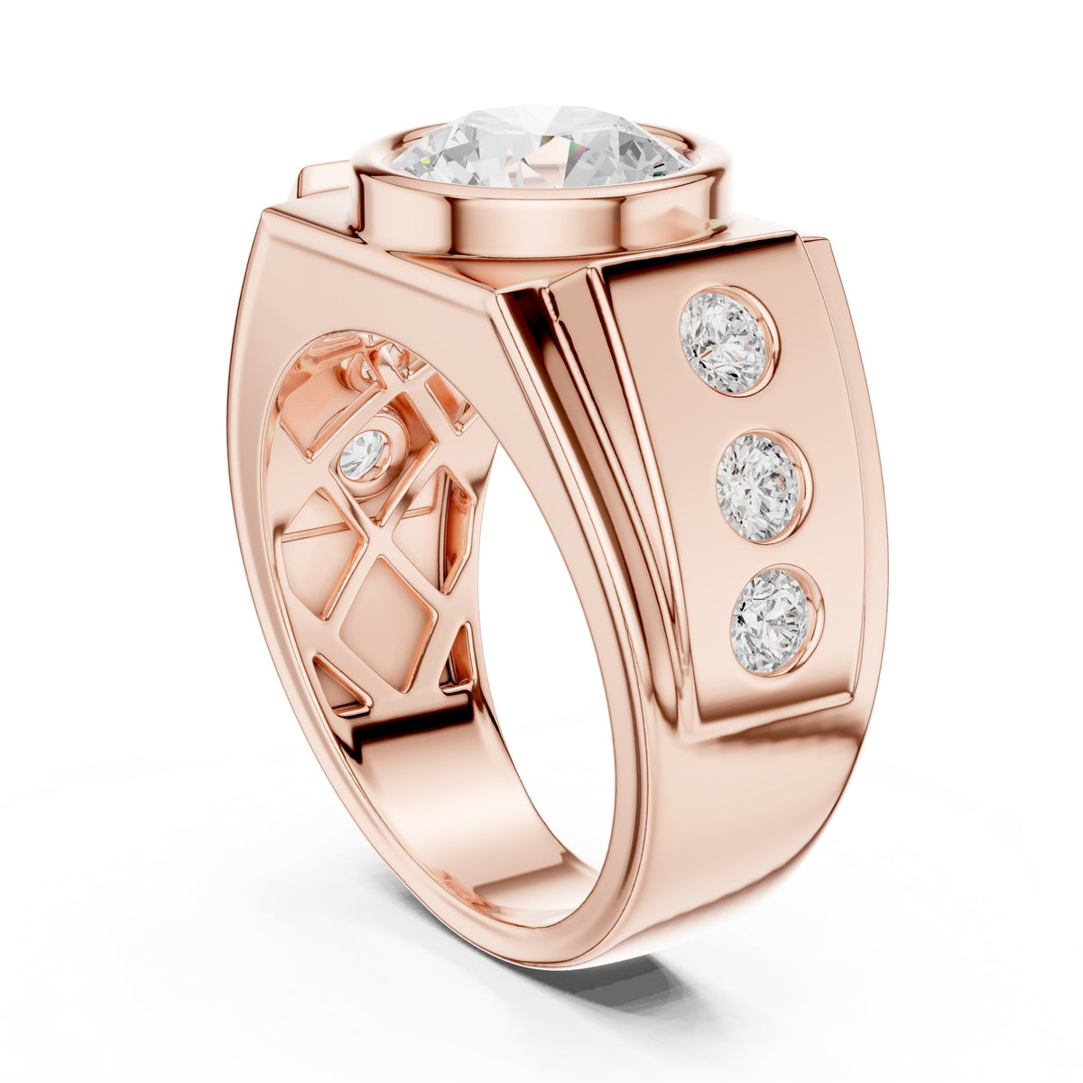 Round Diamond Bezel Men's Ring with Side Stones
