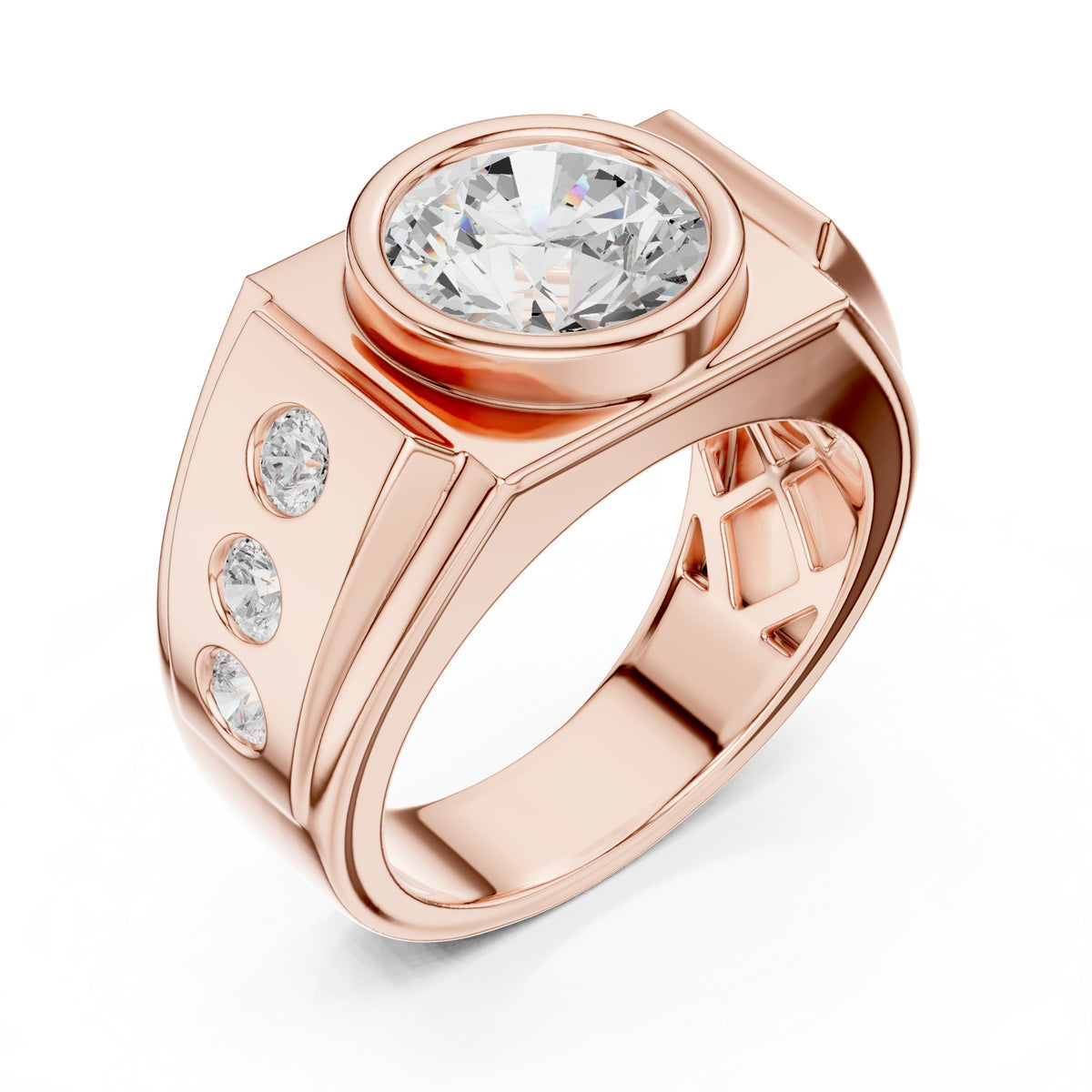 Round Diamond Bezel Men's Ring with Side Stones in Rose Gold - VYKA Diamonds
