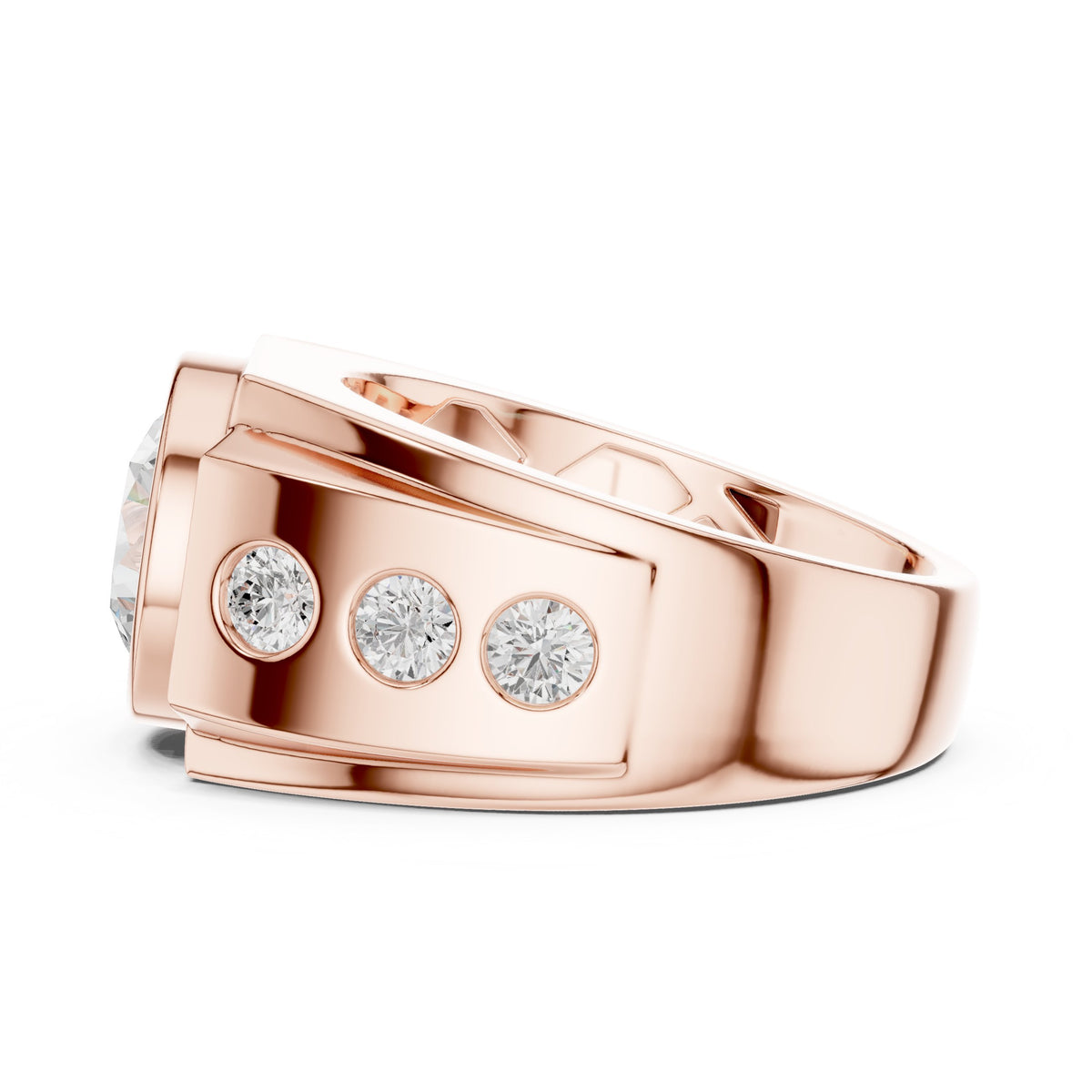 Round Diamond Bezel Men's Ring with Side Stones