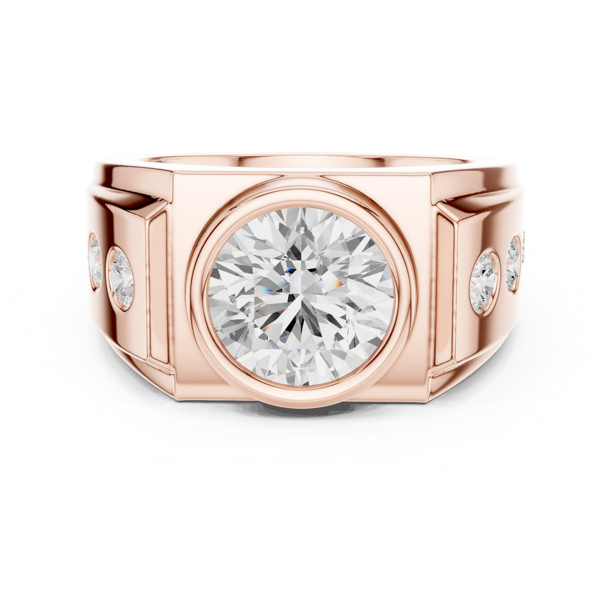 Round Diamond Bezel Men's Ring with Side Stones