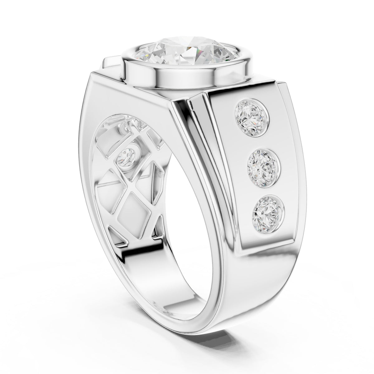Round Diamond Bezel Men's Ring with Side Stones
