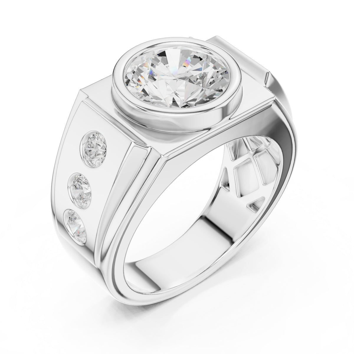 Round Diamond Bezel Men's Ring with Side Stones