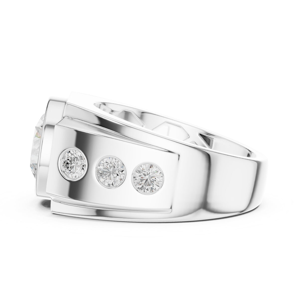 Round Diamond Bezel Men's Ring with Side Stones