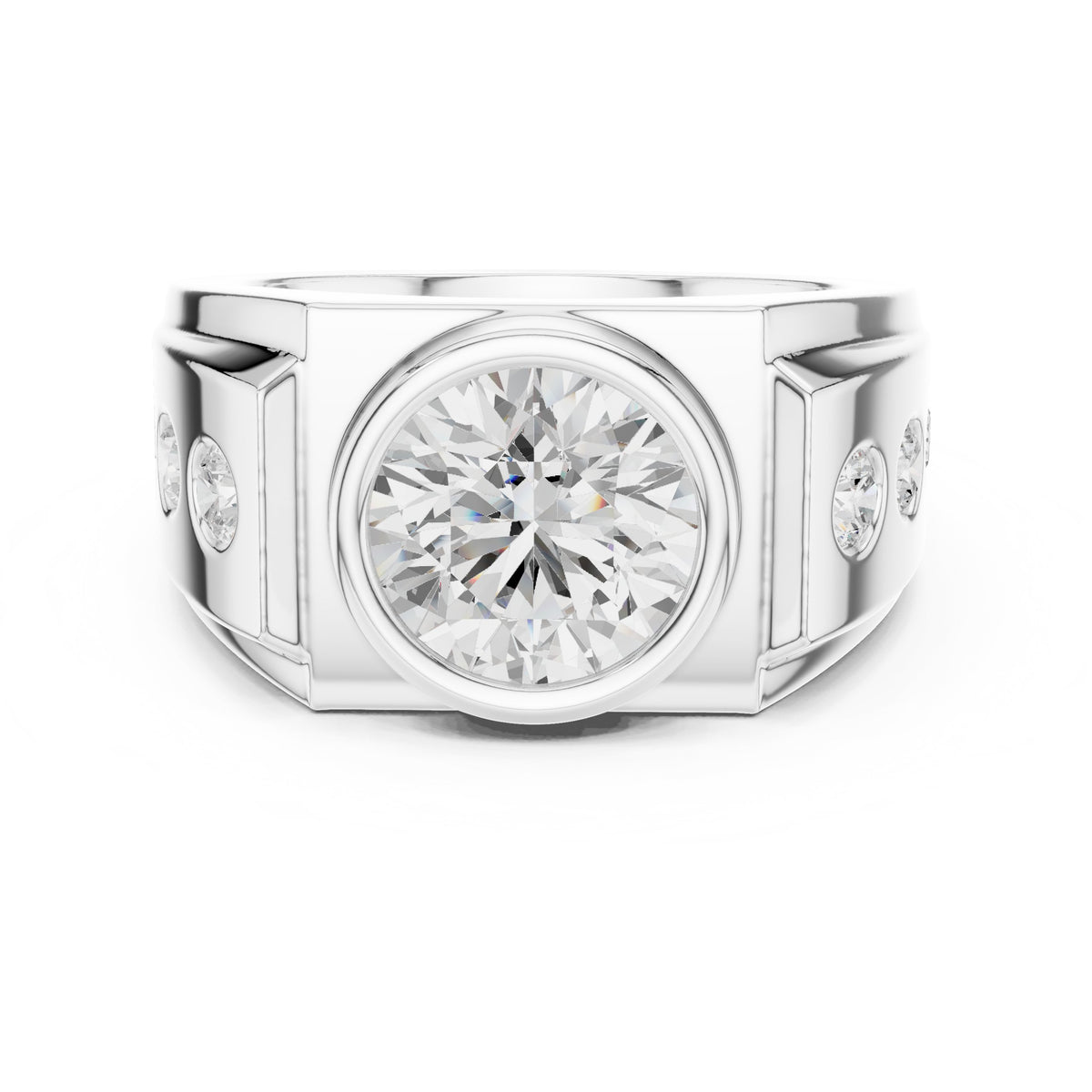Round Diamond Bezel Men's Ring with Side Stones in White Gold - VYKA Diamonds