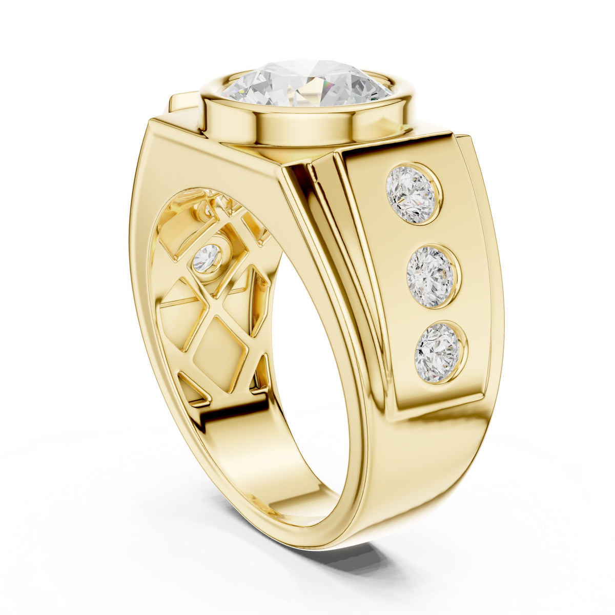 Round Diamond Bezel Men's Ring with Side Stones in Yellow Gold - VYKA Diamonds