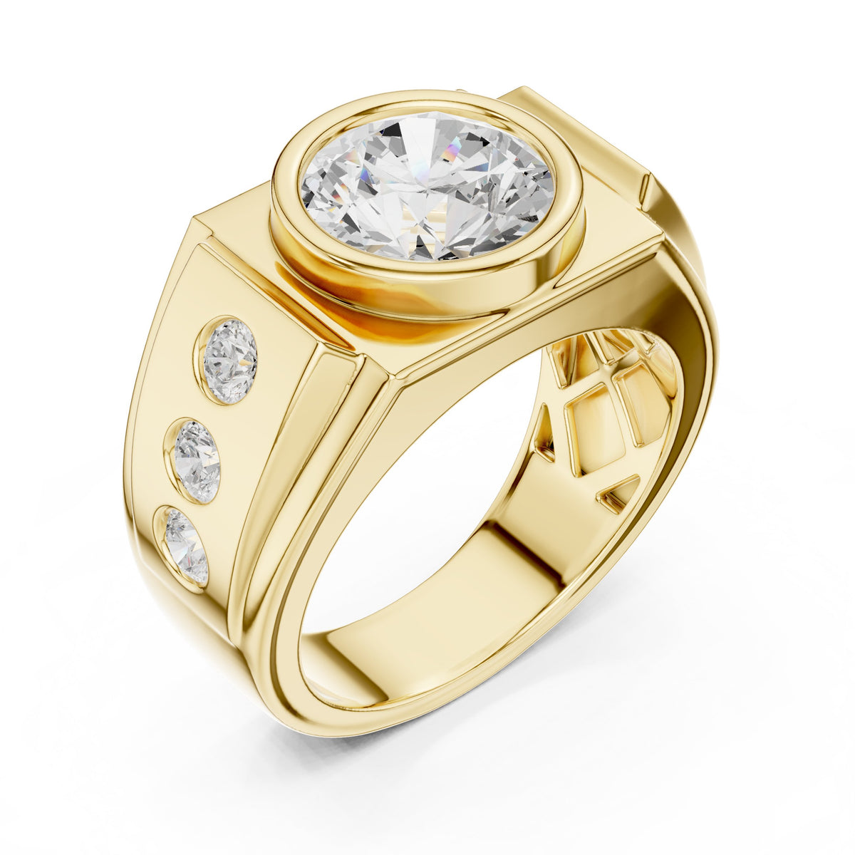 Round Diamond Bezel Men's Ring with Side Stones in Yellow Gold - VYKA Diamonds
