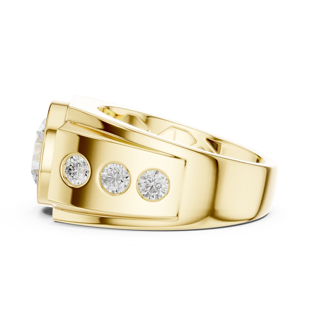 Round Diamond Bezel Men's Ring with Side Stones