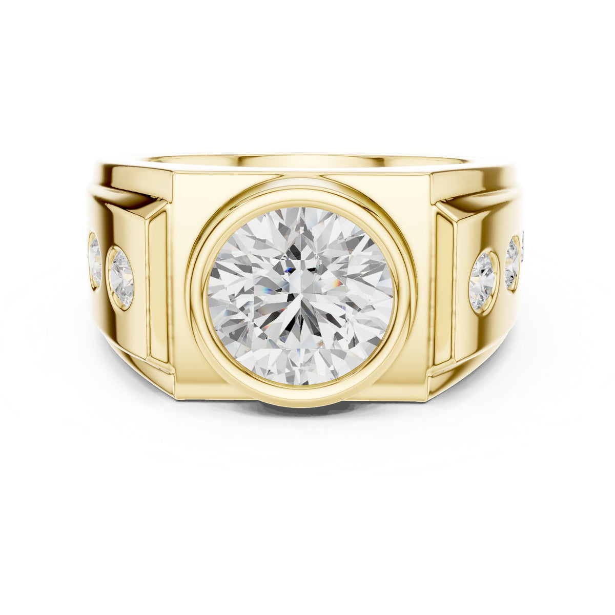 Round Diamond Bezel Men's Ring with Side Stones in Yellow Gold - VYKA Diamonds