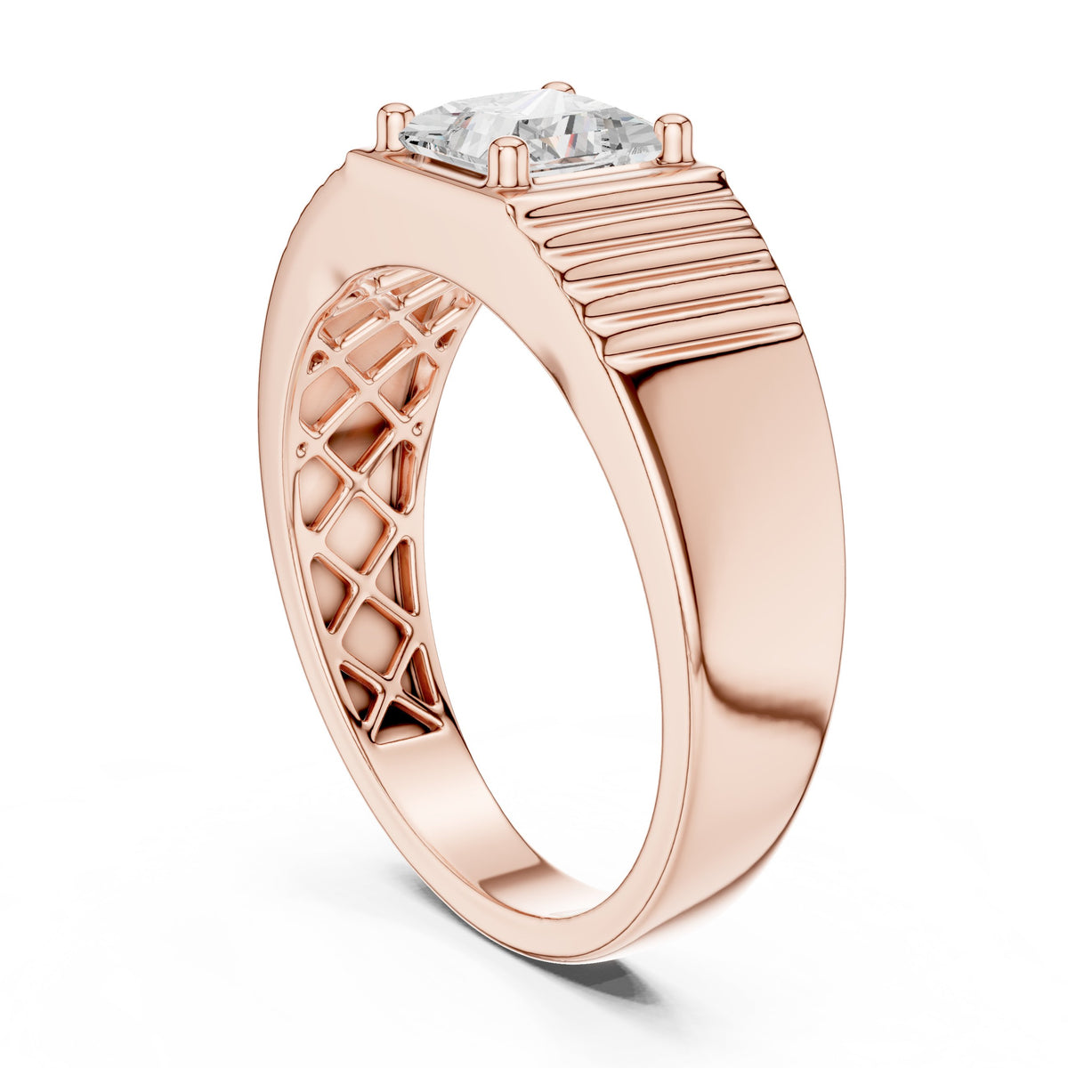 Princess Diamond Bezel Men's Ring with Fluted Sides in Rose Gold - VYKA Diamonds