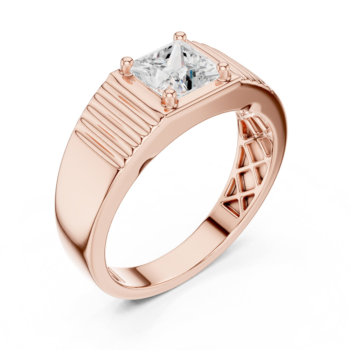 Princess Diamond Bezel Men's Ring with Fluted Sides in Rose Gold - VYKA Diamonds