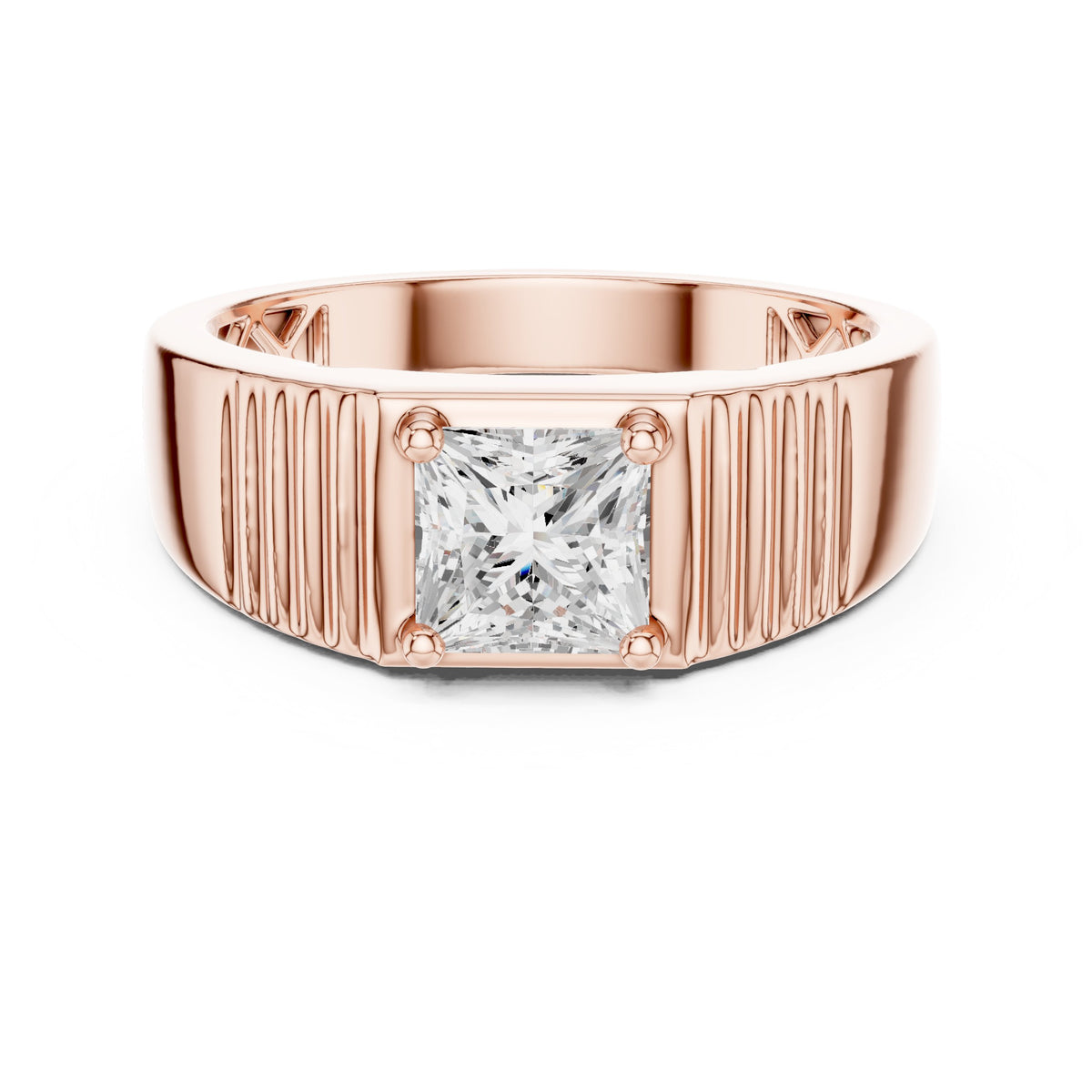 Princess Diamond Bezel Men's Ring with Fluted Sides