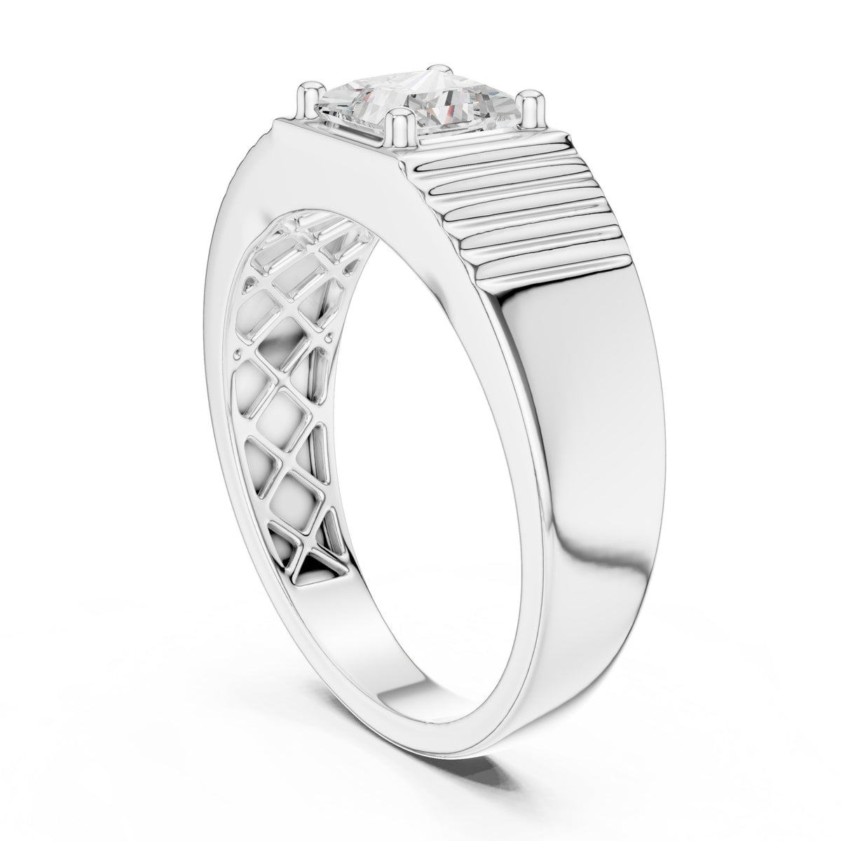 Princess Diamond Bezel Men's Ring with Fluted Sides in White Gold - VYKA Diamonds