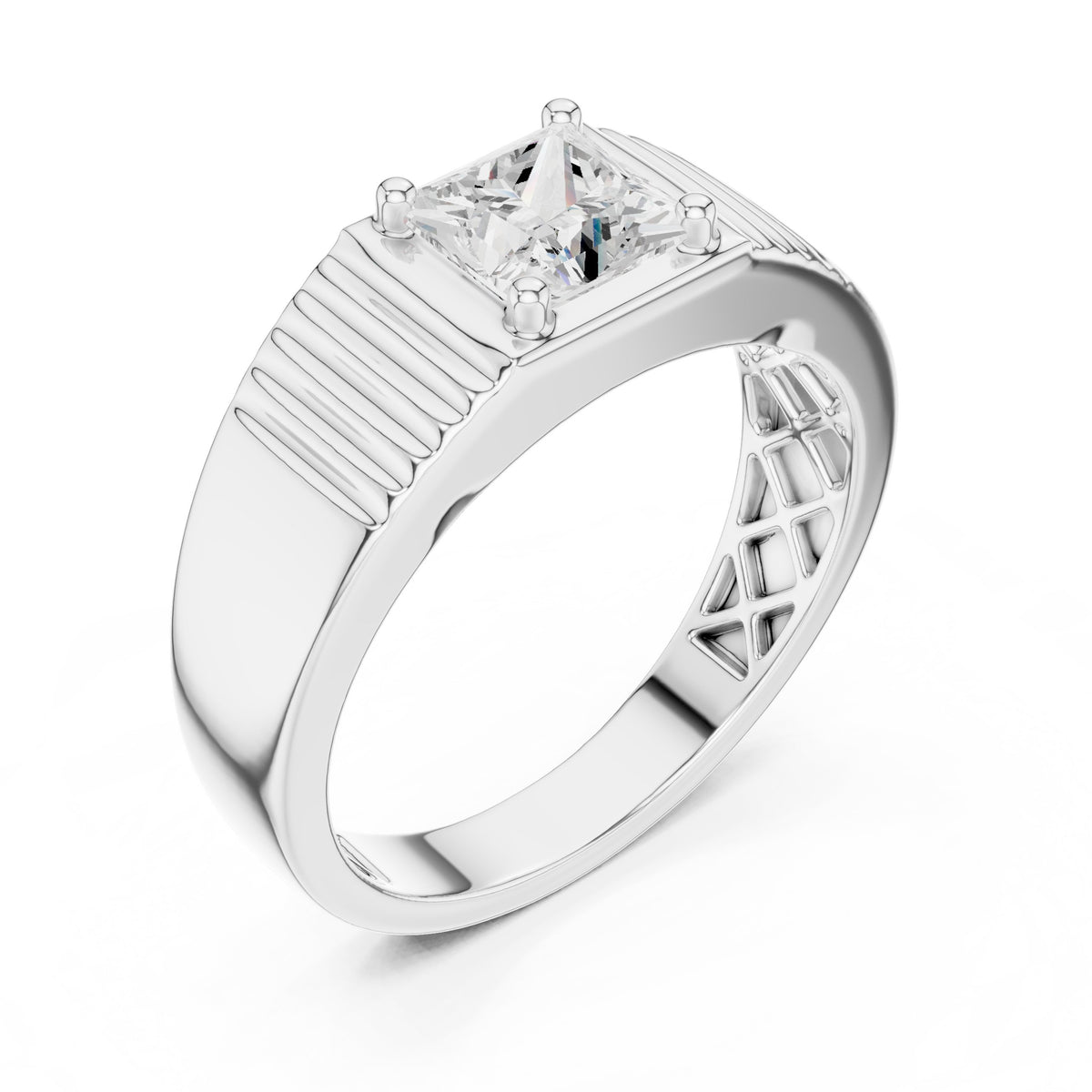 Princess Diamond Bezel Men's Ring with Fluted Sides in White Gold - VYKA Diamonds