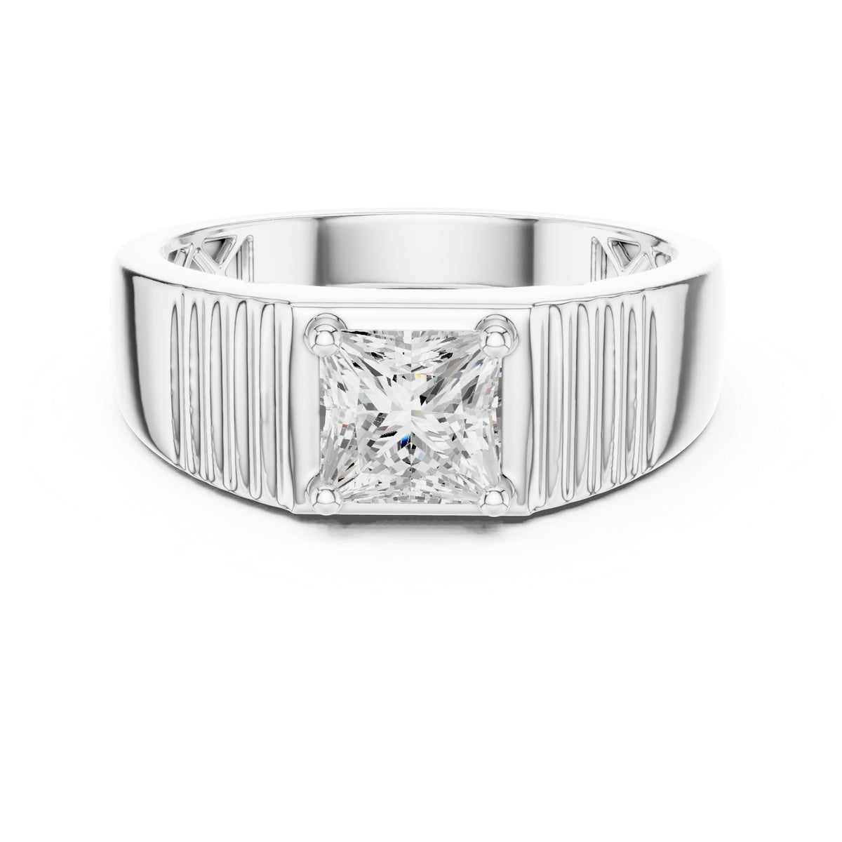Princess Diamond Bezel Men's Ring with Fluted Sides