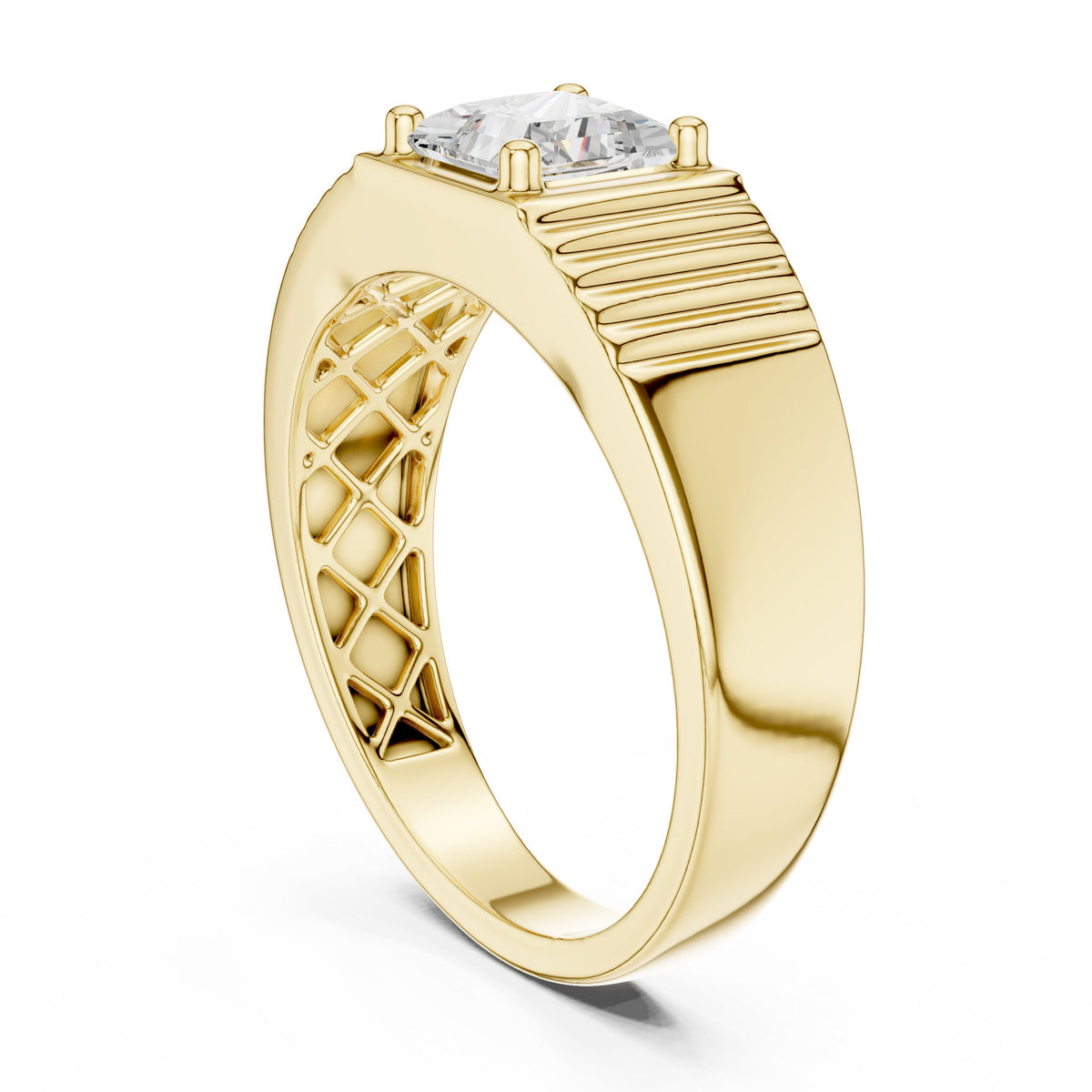 Princess Diamond Bezel Men's Ring with Fluted Sides