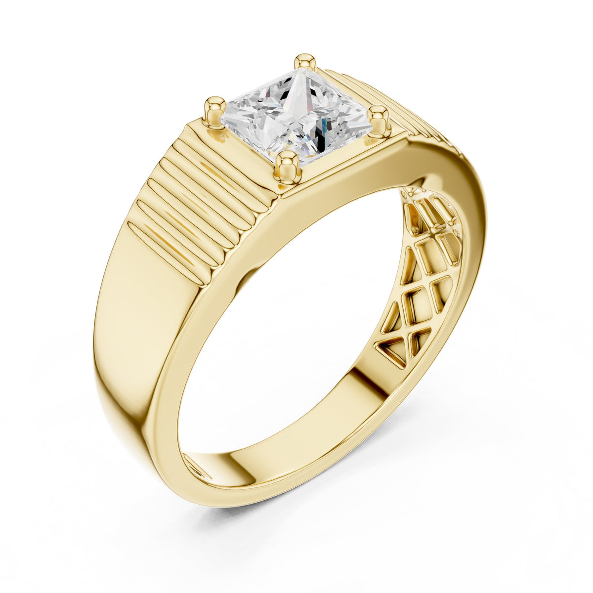 Princess Diamond Bezel Men's Ring with Fluted Sides