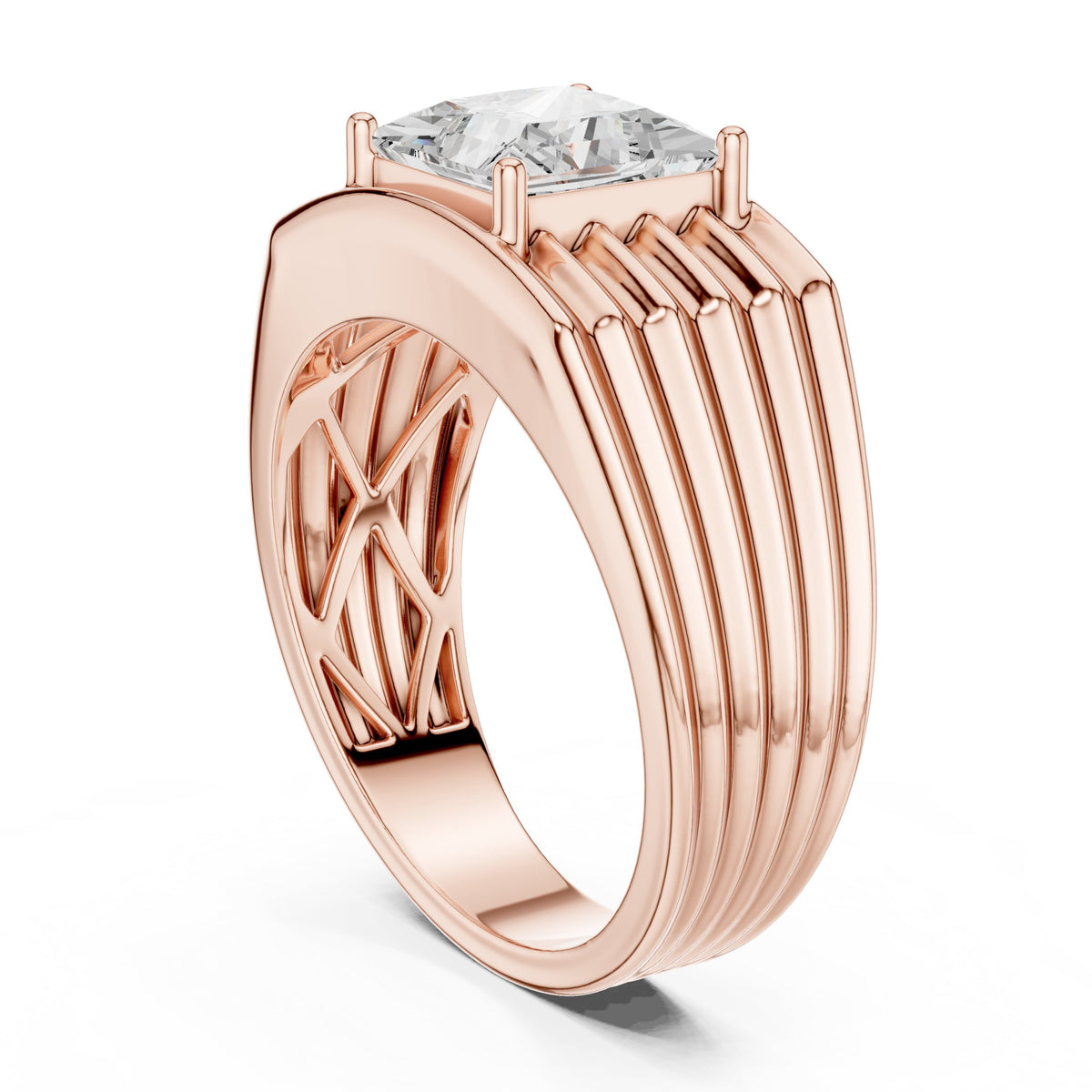 Princess Diamond Men's Ring with Ribbed Shoulders