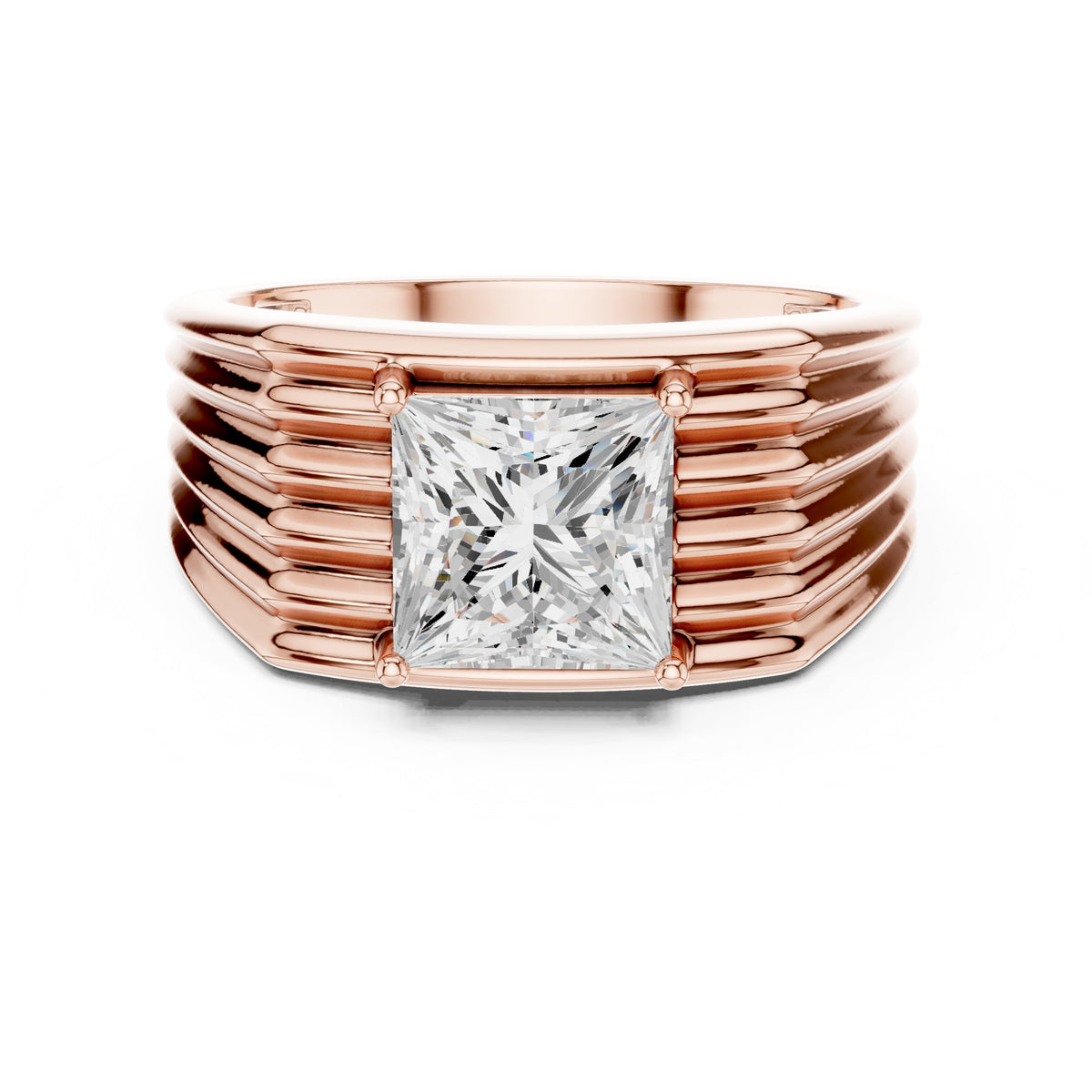 Princess Diamond Men's Ring with Ribbed Shoulders