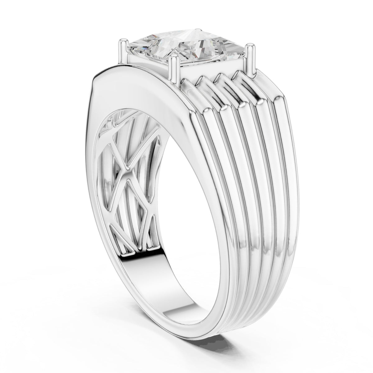 Square Bezel Diamond Men's Ring with Ribbed Shoulders in White Gold - VYKA Diamonds