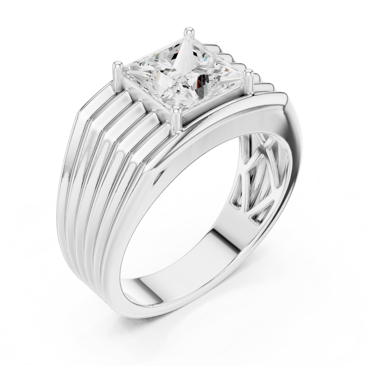 Square Bezel Diamond Men's Ring with Ribbed Shoulders in White Gold - VYKA Diamonds