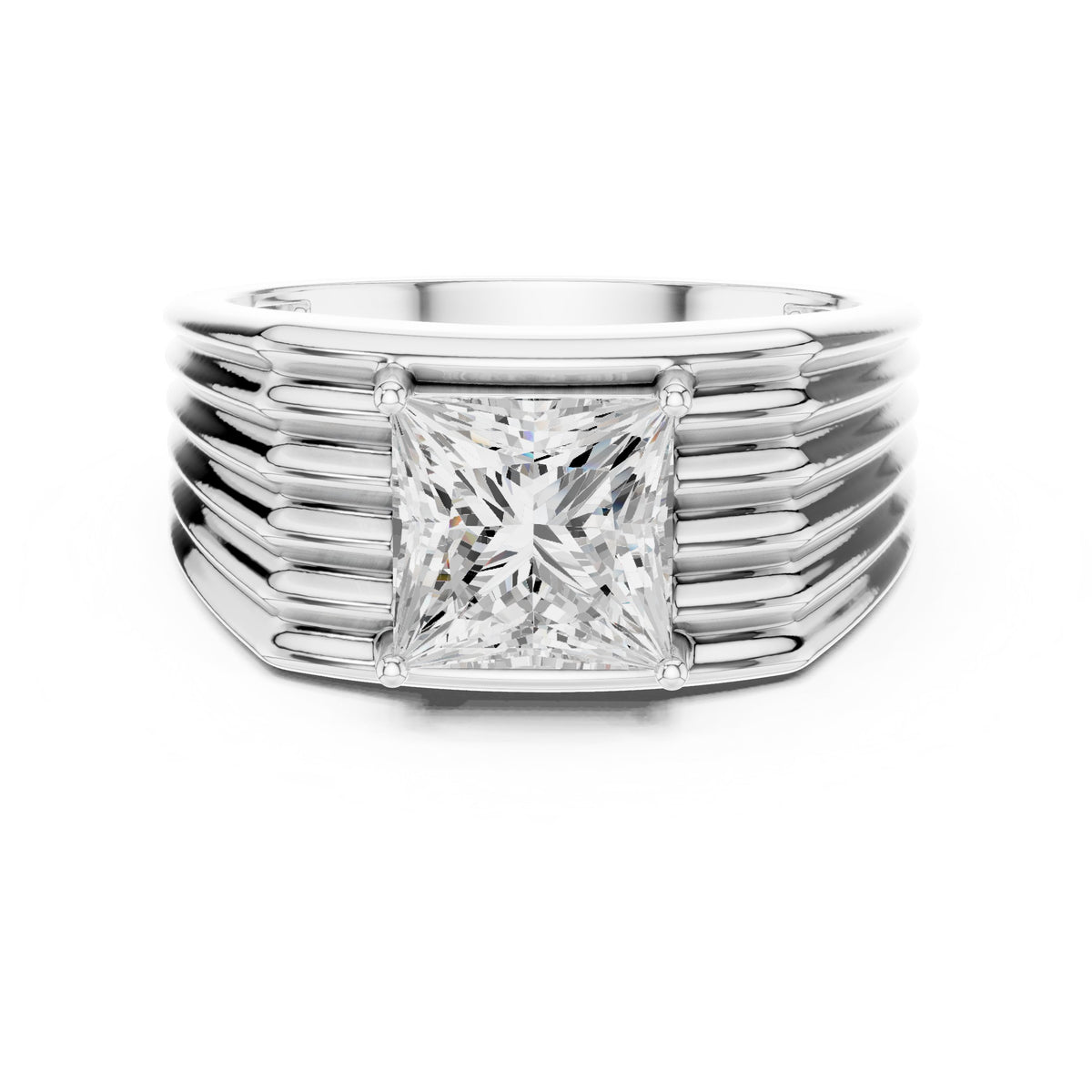 Square Bezel Diamond Men's Ring with Ribbed Shoulders in White Gold - VYKA Diamonds